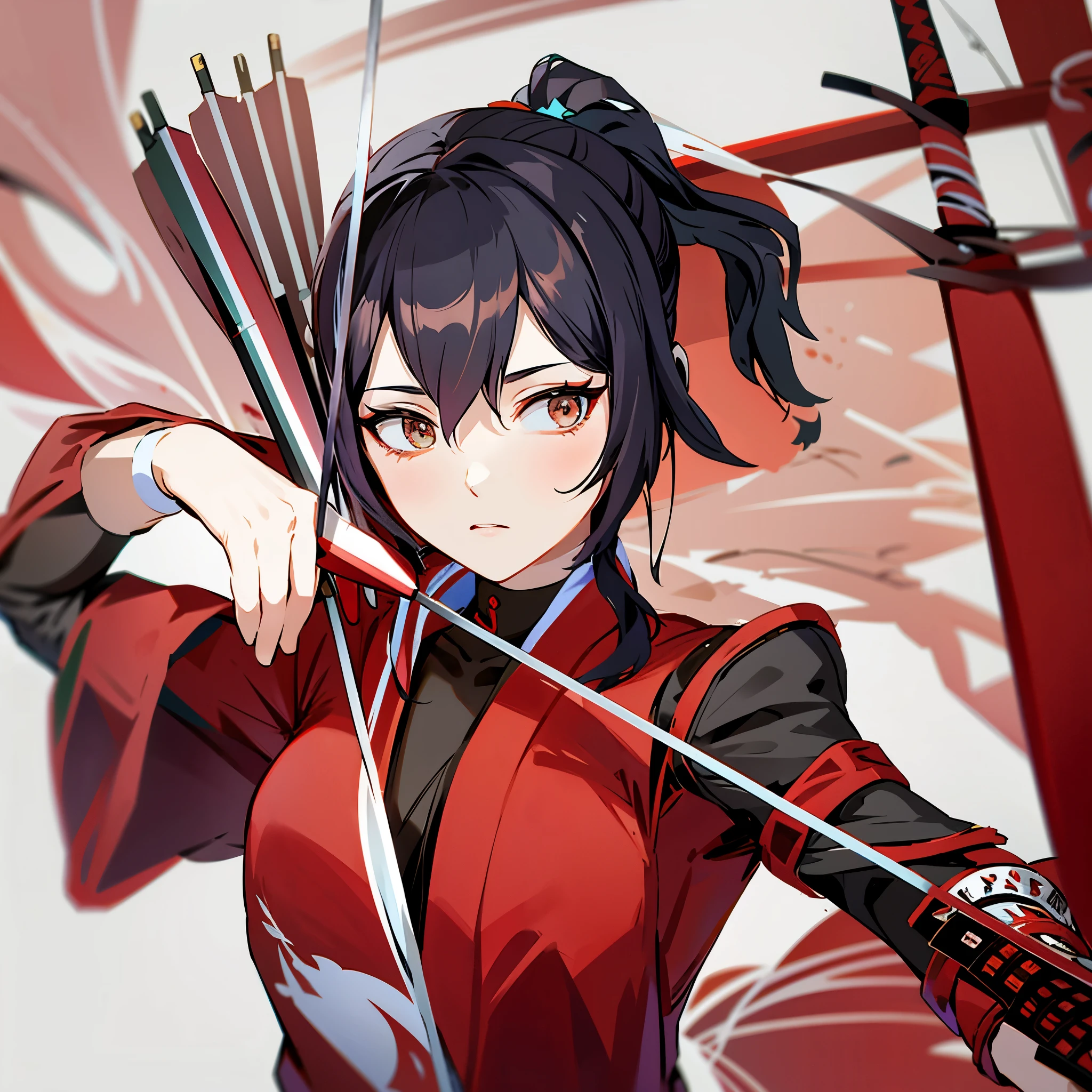 anime girl with bow and arrow in hand in a red outfit, anime girl with a bow and arrow, ayaka genshin impact, fox nobushi holding a naginata, rin, holding a sword on her shoulder, katana, katana zero video game character, katana zero, badass anime 8 k, unsheathing her katana, sakimi chan