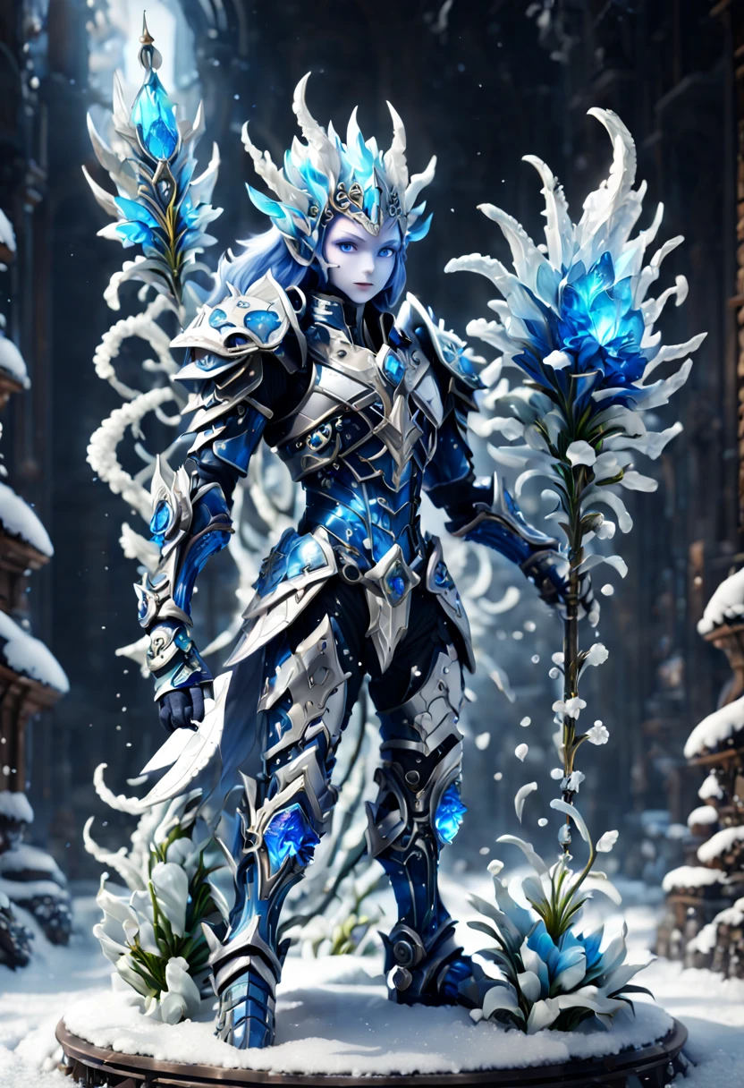 snow style, (Demon God Altar Fighter:1.5), Mechanical arm,(Mechanical crystal sword:1.5),((Heroes from another world:1.5)),The interior shimmers with icy blue and white, full-body shot,thin and long,dark blue eyes,Curly ears,Wearing mechanical armor,Smile,blooming flowers,octane rendering, Ray tracing, Volumetric lighting,backlight,edge lighting, 8k, high dynamic range,高度meticulous干净, beauty,meticulous,complex, F41Arm0rXL