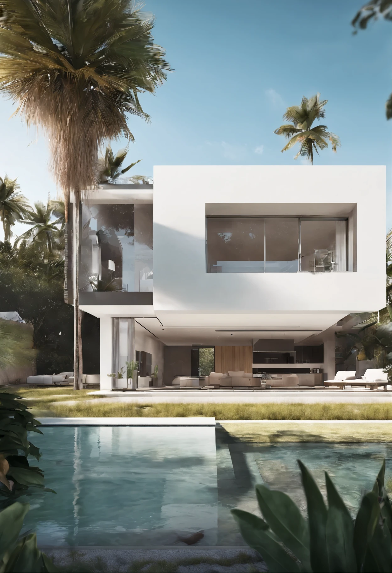 Exterior view, Modern minimalist white Dublex house, external, Wood material, mirror, concrete, Pool water, With a swimming pool in the house, Lux car in the field, tropical landscape, natural light, photorealistic