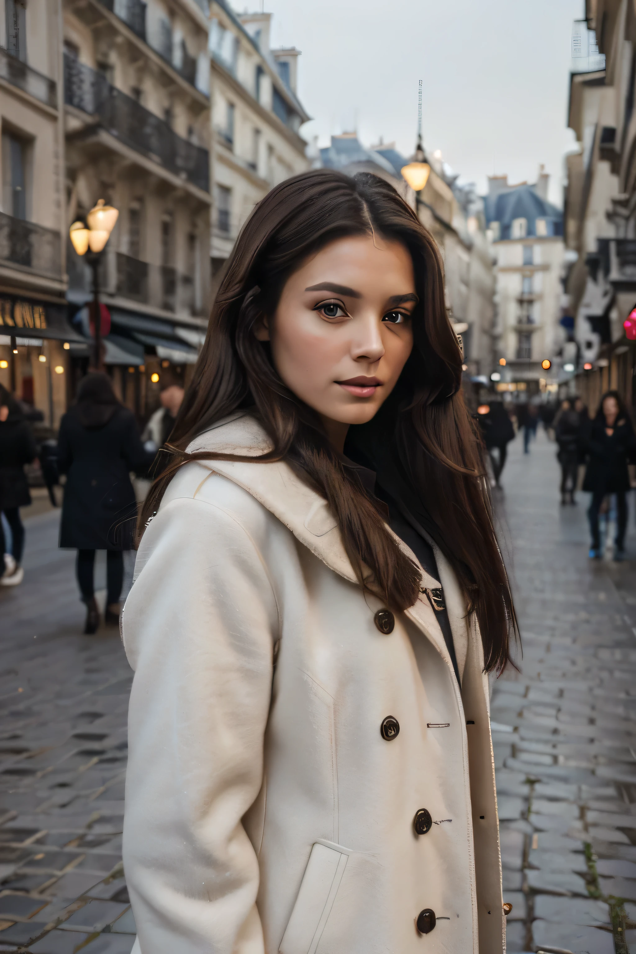 (best quality, 8K, 32k, chef-d'artwork, UHD:1.2),Photo de jolie femme brune,cheveux longs noirs,beau visage,manteau,hiver, in Paris