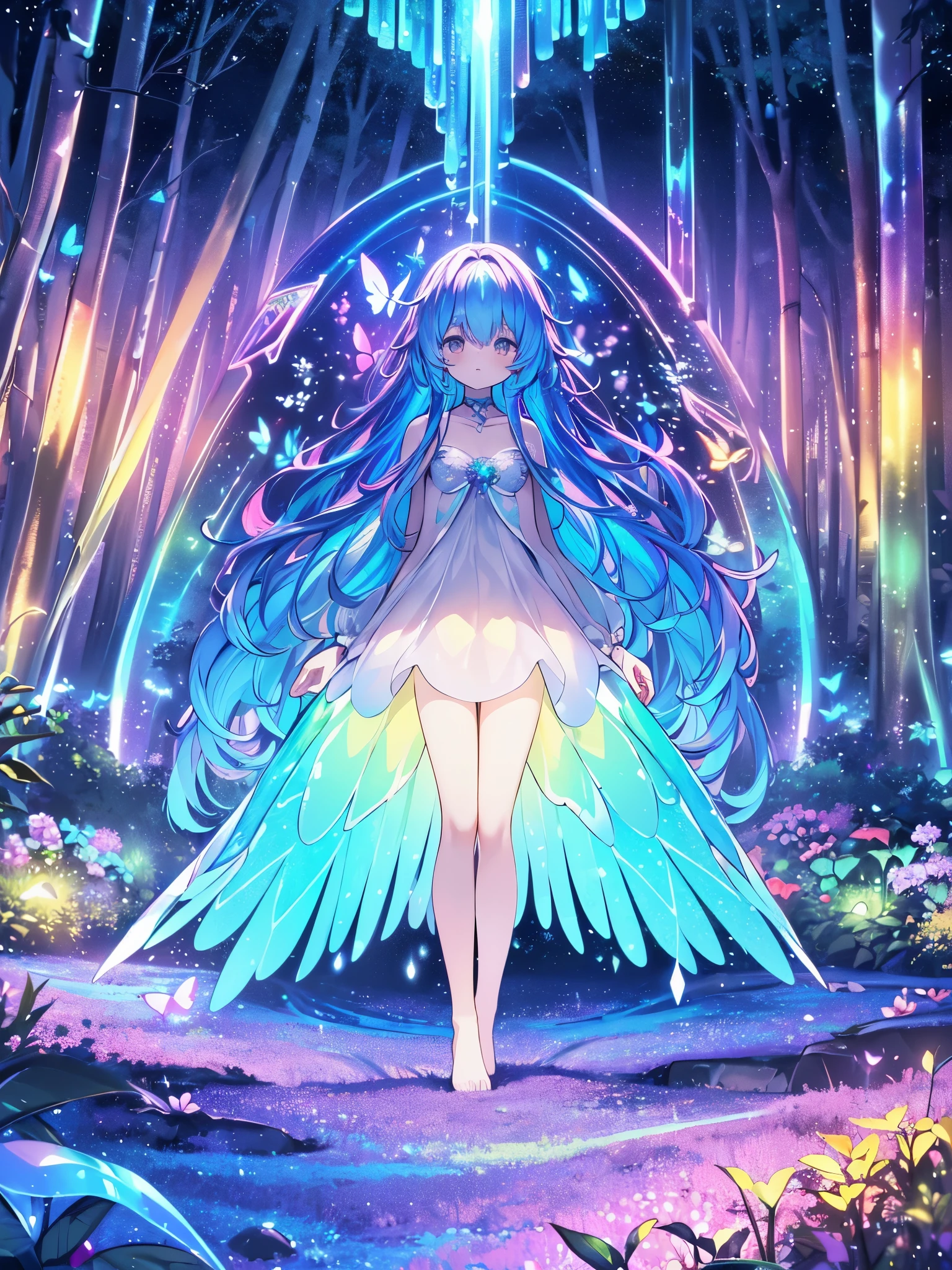 A mystical and enchanted forest, with luminous flowers, multicolored neon butterflies, crystal clear water, beautiful trees, (((unique view with extremely vivid multicolors without any people))), {extremely detailed 16k CG unit wallpaper}, expansive landscape photography, (a low angle view focusing on the character and the sky above), (wide open field view), (low angle shot), ( high light: 1.4), (low light: 1.2), (warm light source: 1.6), complex details, (iridescent colors: 1.6), (bright lighting), (atmospheric lighting), Dreamy, unique, no people, reflections perfect