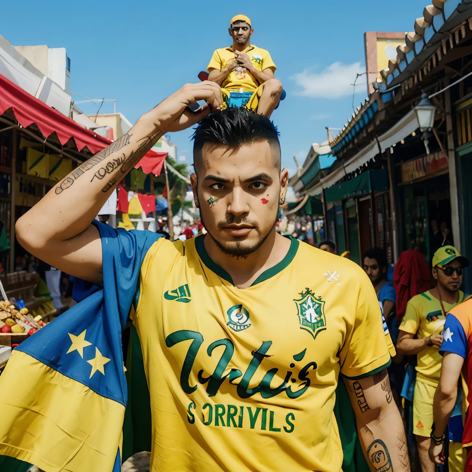 (estilo arielp:1.0), Kratos at carnival wearing the Brazilian national team shirt 