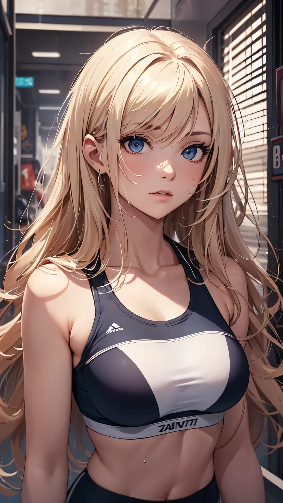 最high quality、best image quality、masterpiece、age girl((20-year-old、 By becoming、vest bust、medium bust,wide open breast tea、shining eyes, blonde hair、long hair、thin,highest valley、blue sports bra(1:2)、Blue sports pants、sweating、scattering of sweat、Flushed body、Sleeping on the mat)),high quality、beautiful art、background((arcade))debris flies、Depth of written boundary、movie、visual art、perfect art、8k,genuine、