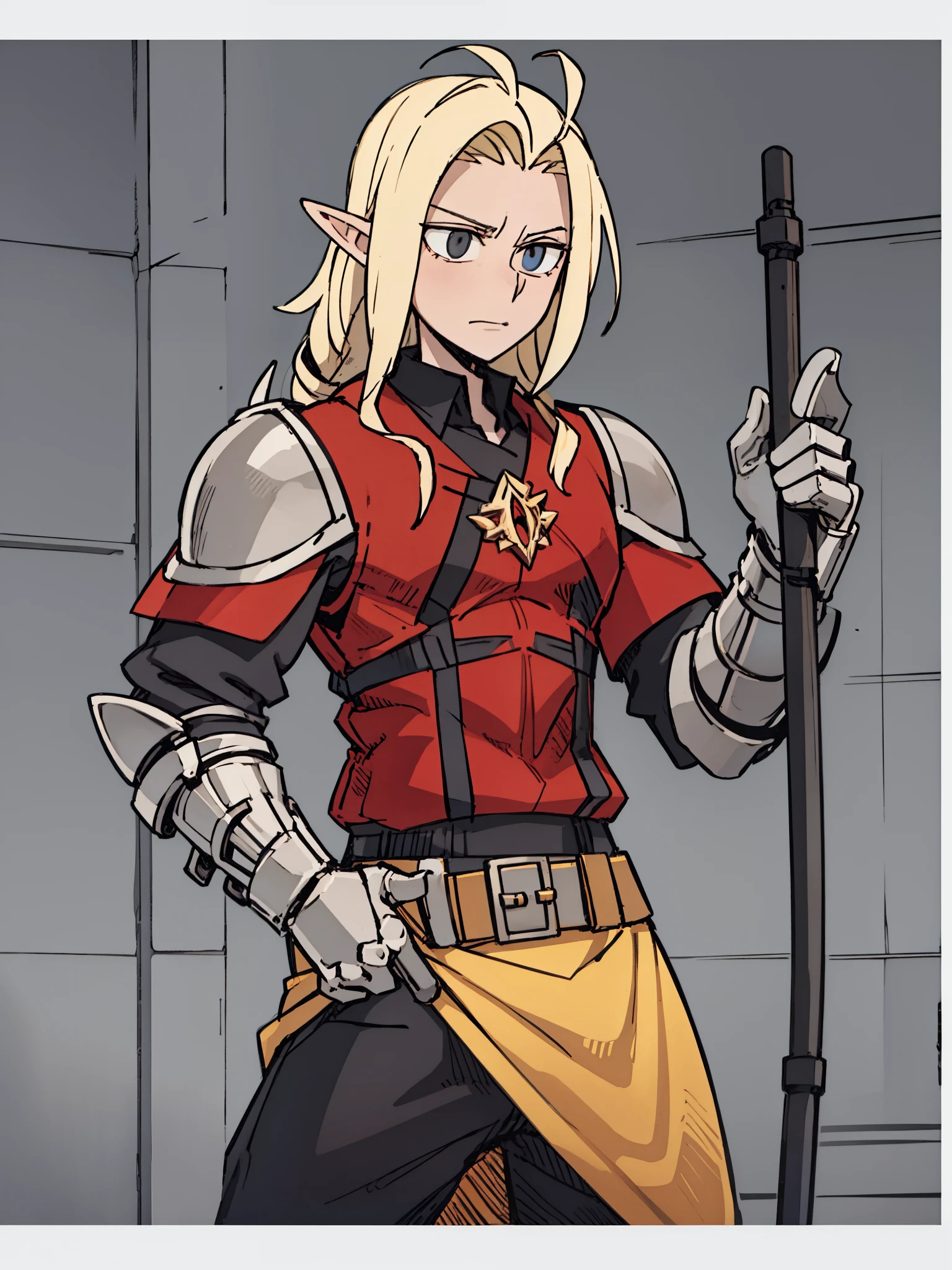 A male warrior，Elves，front,(,(Half body),(blonde),(gray armor)),Carrying a sledgehammer，red cloak，White background