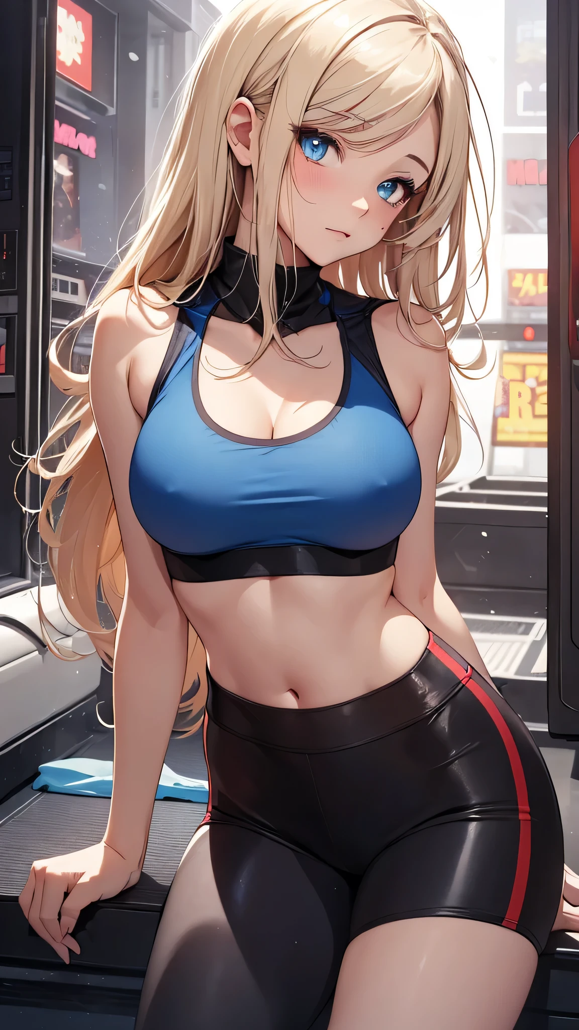 最high quality、best image quality、masterpiece、teenage girl((20-year-old、 By becoming、vest bust、medium bust,wide open breast tea、shining eyes, blonde hair、long hair、thin,highest valley、blue sports bra(1:2)、Blue sports pants、sweating、scattering of sweat、Flushed body、Sleeping on the mat)),high quality、beautiful art、background((arcade))debris flies、Depth of written boundary、movie、visual art、perfect art、8k,genuine、