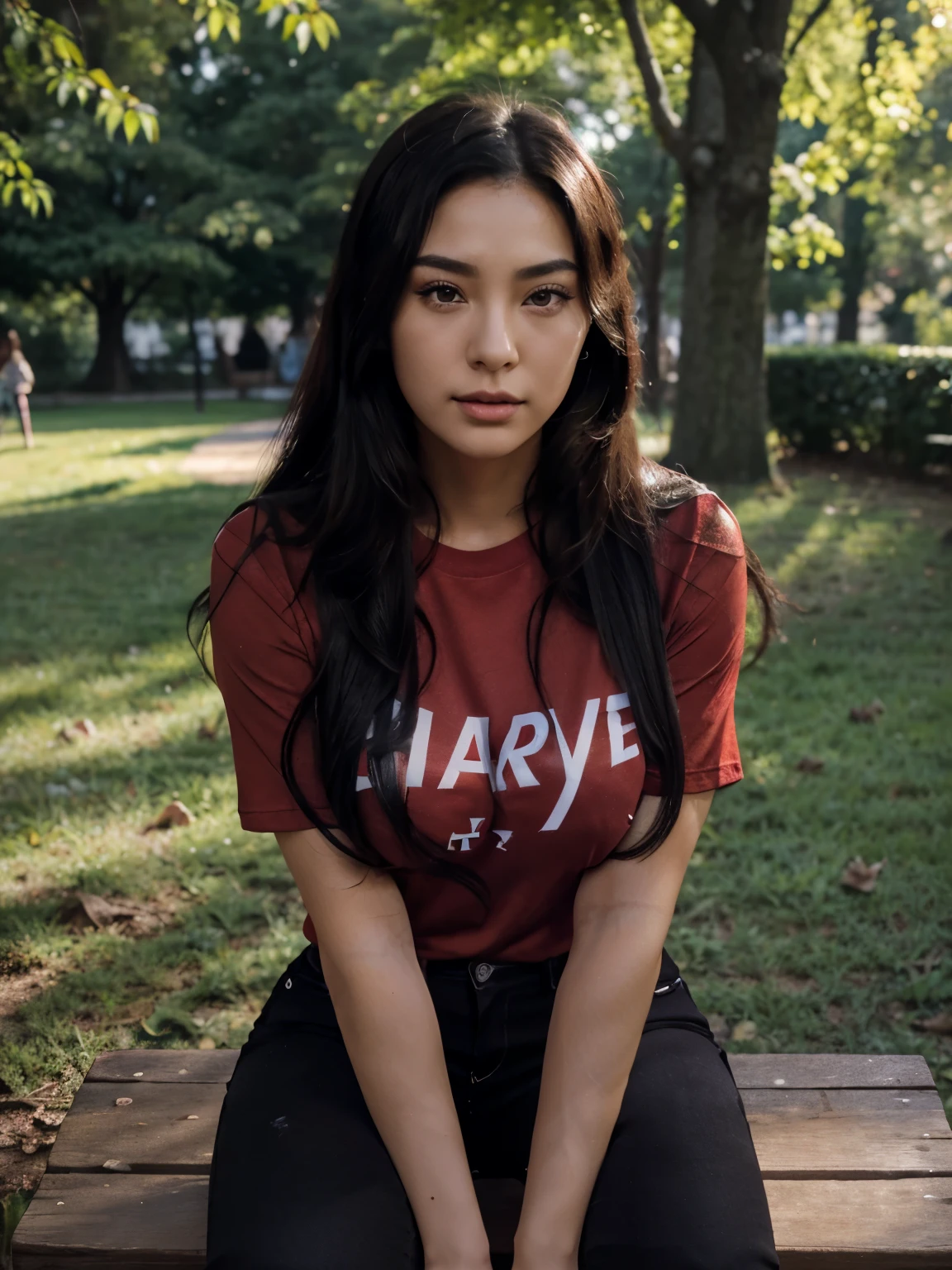 21-year-old dressed japanese woman with black long hair, (((red T-shirt))), ((black jeans)), gorgeous, beautiful, full body shot, d-cup breasts, huge ass, 170cm tall, ((Sitting in a park)), cinematic lighting, centered, captivating, 85mm full body portrait shot, rough skin, realistic brown eyes, realistic long eyelashes, realistic eyebrows, realistic nose, realistic full lips, realistic ears, looking directly at the camera, 4K, HDR