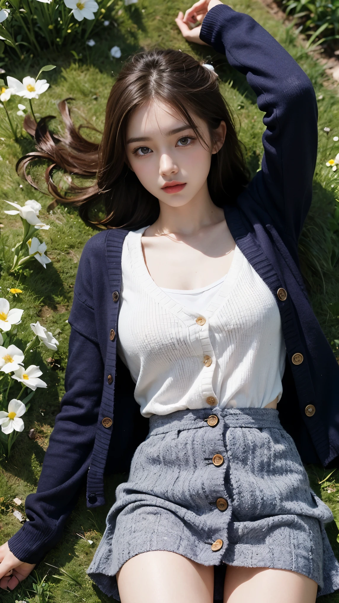 Masterpiece, Best Quality, Very Detailed, 8k, Photorealistic, soft focus, beautiful detailed eyes, detailed face, double eyelid, 1girl, solo, beautiful skin, real human skin, close-up to Face shot, Half-body, beautiful firm breasts, mature body, 18 years old girl, beautiful girl, Japanese idol, (french braid 1.3), brown hair, layered style, BREAK, (buttonless knit cardigan :1.2), BREAK, (U neck t-shirt), BREAK, (Tweed jumper skirt with side buttons:1.3), BREAK, (mesh knee high socks tights), Gentle smile, NSFW, Surrounded by rape blossoms in a rape field, lie down, legs spread apart, look up at the blue sky, shoot from, shoot from above