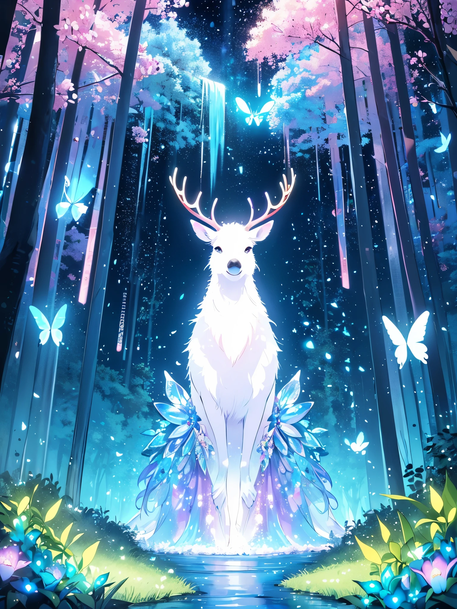 A mystical and enchanted forest, with luminous flowers, multicolored neon butterflies, crystal clear water that flows from a waterfall, beautiful trees, (((unique view with extremely vivid multicolors without any people))), in the background of the scene a mystical elk , {extremely detailed 16k CG unit wallpaper}, expansive landscape photography, (a low angle view focusing on the character and the sky above), (wide open field view), (low angle shot), ( high light: 1.4), (low light: 1.2), (warm light source: 1.6), complex details, (iridescent colors: 1.6), (bright lighting), (atmospheric lighting), Dreamy, unique, no people, reflections perfect