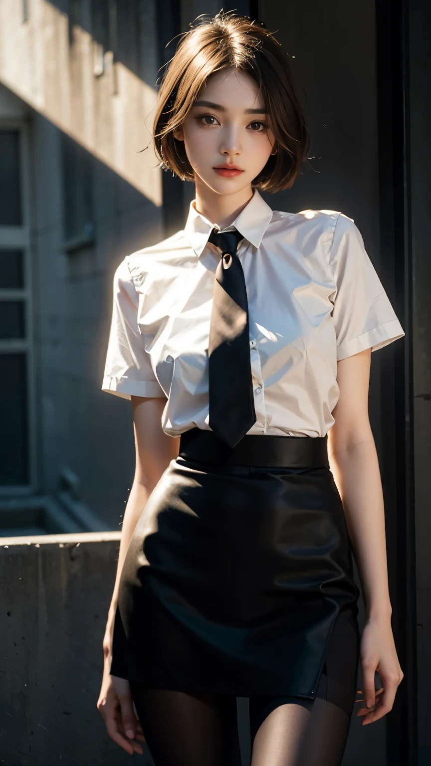 1girl,young girl, shiny skin,medium breasts,nice leg line:1.3, thin waist,school uniform, thighhighs,necktie,((pencil skirt)),looking at viewer,from below,full body, ( pantyhose:1.3),(The golden ratio figure),
masterpiece, best quality, best perspective, ultra-detailed and intricate, extremely delicate and beautiful, best quality light, (ray tracing:1.1), anti-aliasing,
realistic,photorealistic,award-winning illustration,(intricate details:1.2),(delicate detailed) (intricate details),(cinematic light,best quality Backlights),clear line,sharp focus,official art,unity 8k wallpaper,absurdres,incredibly absurdres,huge filesize,ultra-detailed,highres,extremely detailed extremely delicate and beautiful,RAW photo, professional lighting,dynamic lighting,light on the face,depthoffield,solofocus,cool beauty,tall woman,black hair,short cut hair,Precisely expresses details such as face and skin texture,beautiful eye,double eyelid,delicate skin,slender body shape,alone,