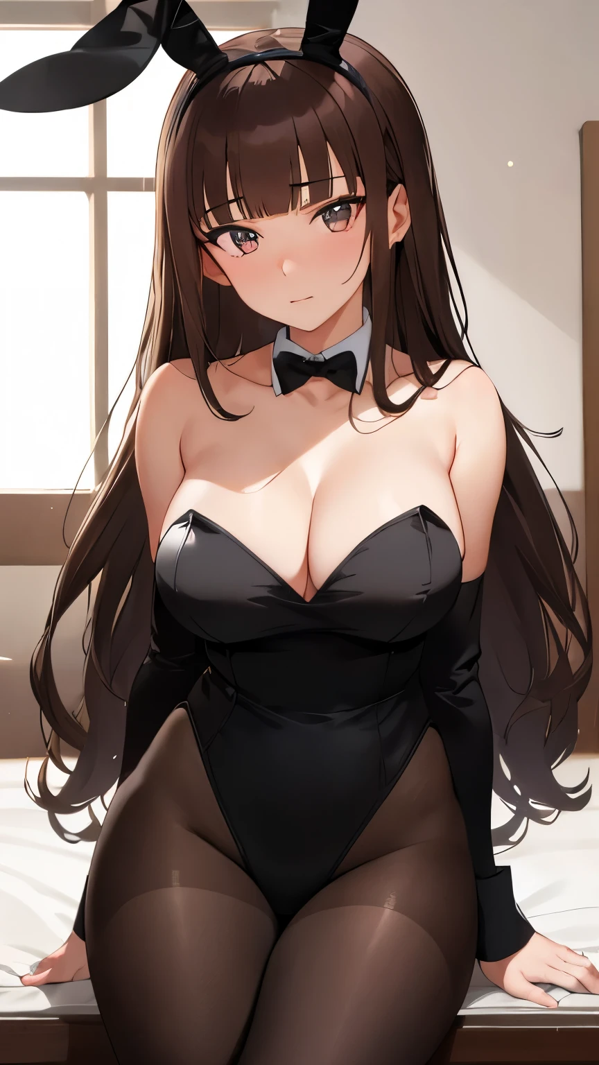"nisiuzumi.mother,girls-und-panzer"(16k)+: (high resolution)+: hmdmg1,solo:(Mature face): realistic body: seductive, (best quality)++,(masterpiece)++,1 mature woman, perfect eyes, perfect face,expressive eyes,perfect balance,(cowboy shot),(85mm)+,light particles,lighting,(dark brownhair)+++,blunt bangs,browneyes,straightlonghair,medium breasts,indoor,look at the front,sexy pause,cat eyes,narrow eyes,glare eyes,eight heads,stand pause,looking at viewer,sexy pause,sit in her room,head up bunny ear,leotard,bare shoulders, cleavage
