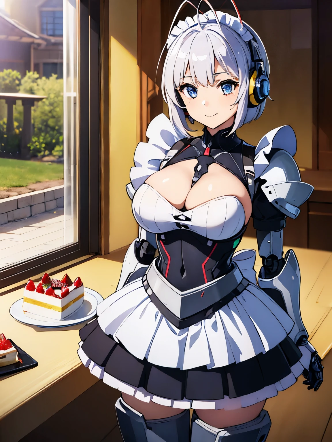 (((1 female:1.8)))、(((full body description)))、(((Standing picture)))、(((Level 9)))、Beautiful woman in moe pose in futuristic white shiny heavy armored robot suit、perfect android girl, gynoid cyborg body, perfect anime cyborg woman, beautiful female android!, female robot, fully robotized!! girl, Cute cyborg girl, cyber suit, メカサイバーアーマーを着たgirl, cyber suit, beutiful white girl cyborg, beautiful female android, Beautiful girl cyborg、Cute robot woman with white silver short bob hair、Gravure model android beautiful girl、(bright smile:1.3)、(((Headphones with long sensor antennas in both ears)))、(robot girl)、(((美しいgirlアンドロイド)))、(((重装甲メイド服を着たgirl)))、(((White heavy armored robot girl in maid clothes)))、(((White heavy armored robot beautiful girl in miniskirt and maid clothes)))、(((Beautiful girl in white heavy armored maid robot)))、(((Cyborg Maid Beautiful Girl)))、(((Robot beautiful girl wearing white shiny heavy armored maid clothes)))、(((waitress)))、(((own the cake:1.3))) ,proper body proportions,table top,Ultra high quality output image,High resolution,intricate details,very delicate and beautiful hair,(Photoreal:1.3)realistic pictures,dream-like,professional lighting,realistic shadow,focus only,well-groomed face,Big eyes,beautiful hands,beautiful fingers,Detailed functions of fingers,Detailed features of the wear,Detailed characteristics of hair,detailed facial features,