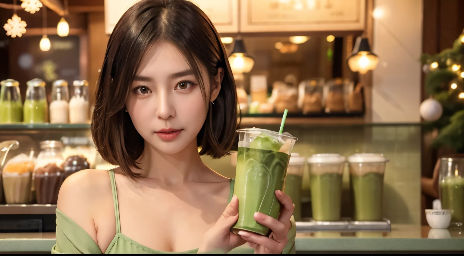 A woman is holding an iced matcha latte, Surreal images, high quality, The cup containing the iced matcha latte has the simplest design and is transparent., one person, Dark and cozy cafe, christmas night, There is only one iced matcha latte., masterpiece, a korean face, A slightly surprised expression