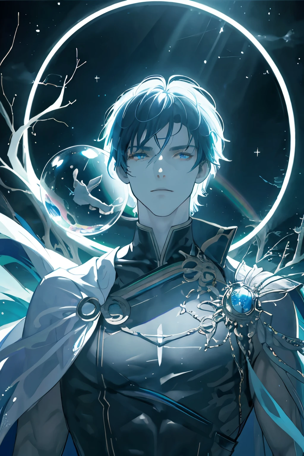masterpiece, best quality, 1 male, adult, mature, tall muscular guy, Dark theme, Magic circle, bubble, rainbow Sunlight, Underwater, Reflected mirror, floating piece of Glass, Rainbow light, Bubble Swirling, wind Swirling, Aurora, fantasy scenery, Starlight around the character, (upper body)