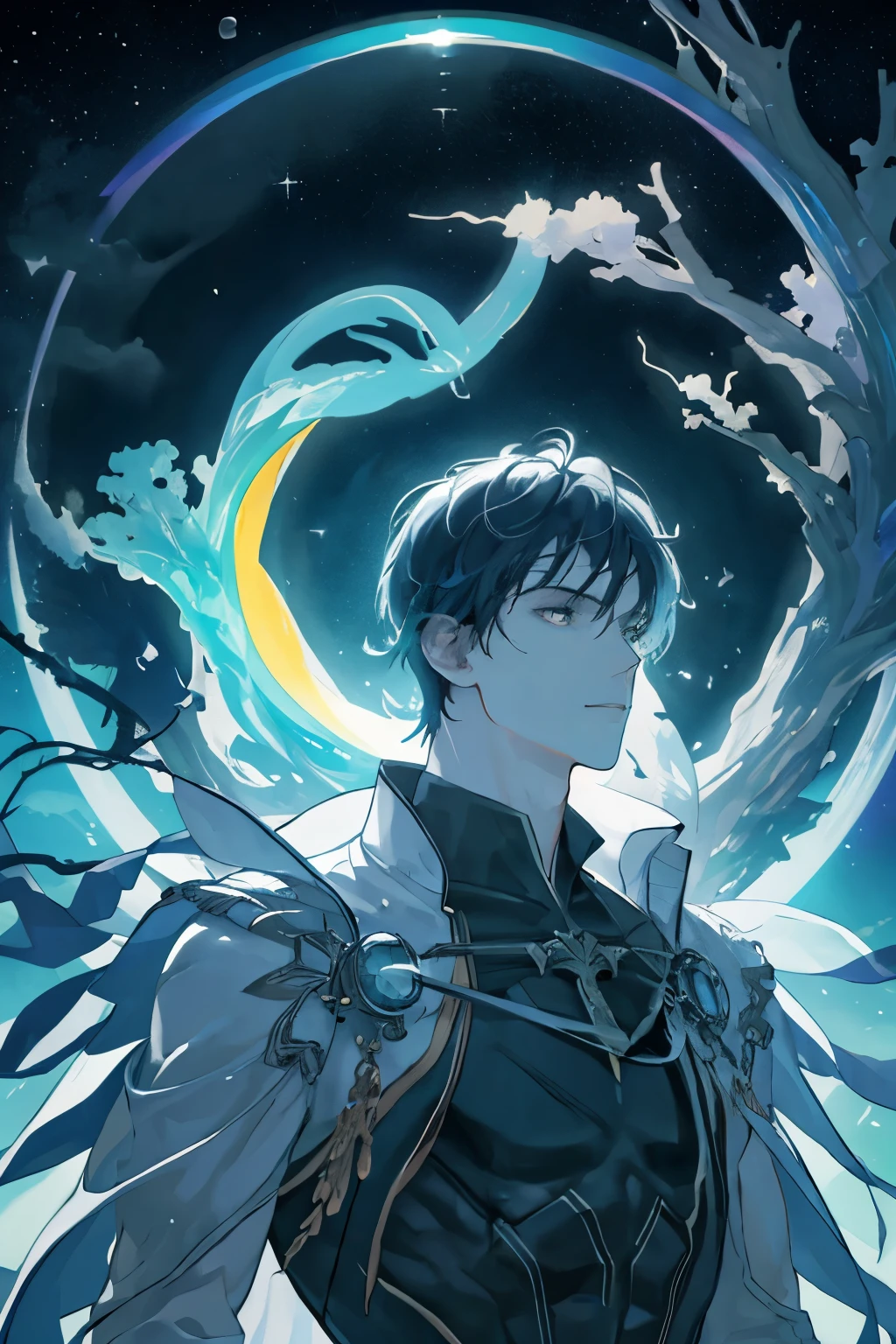 masterpiece, best quality, 1 male, adult, mature, tall muscular guy, Dark theme, Magic circle, bubble, rainbow Sunlight, Underwater, Reflected mirror, floating piece of Glass, Rainbow light, Bubble Swirling, wind Swirling, Aurora, fantasy scenery, Starlight around the character, (upper body)