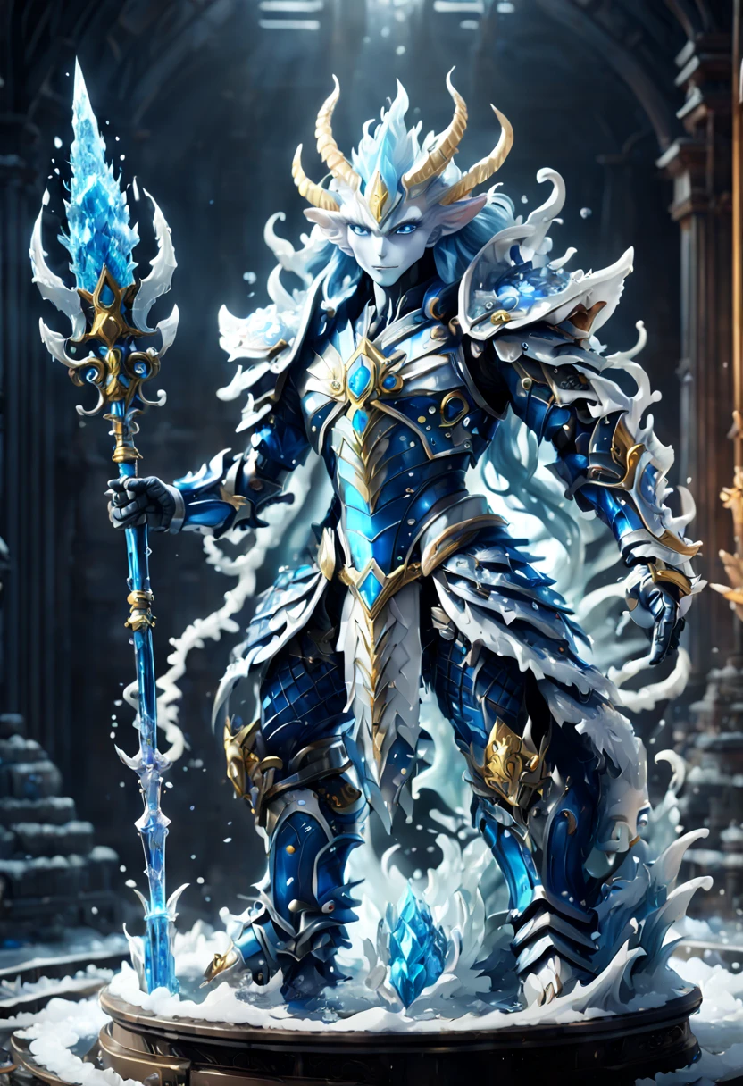 ocean,huge waves, (Demon God Altar Fighter,Water God:1.5), Mechanical arm,(Mechanical Crystal Spear:1.5),((Heroes from another world:1.5)),The interior shimmers with icy blue and white, full-body shot,thin and long,dark blue eyes,Curly ears,Wearing mechanical armor,Smile,blooming waves,octane rendering, Ray tracing, Volumetric lighting,backlight,edge lighting, 8k, high dynamic range,高度meticulous干净, beauty,meticulous,complex, F41Arm0rXL