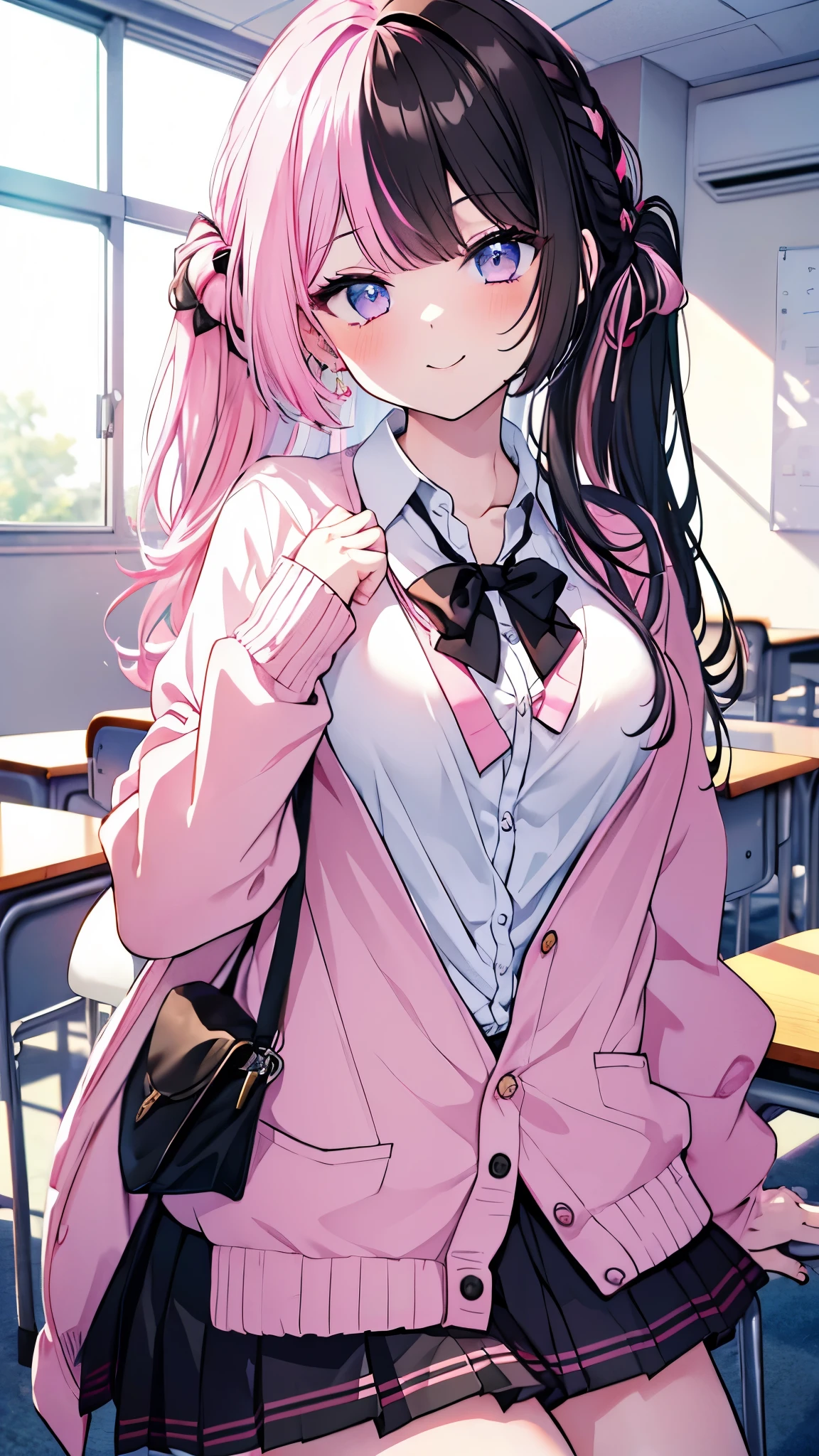 (8K、best image quality、highest quality、masterpiece)、detailed face、1 girl、gyaru、TachibanaHinano、long hair、((split color hair,black hair, pink hair:1.3))、french braid、light blue eyes、smile、big breasts、((white collared shirt))、((pink cardigan))、((black pleated skirt))、((miniskirt))、cowboy shot、sit at desk、classroom background