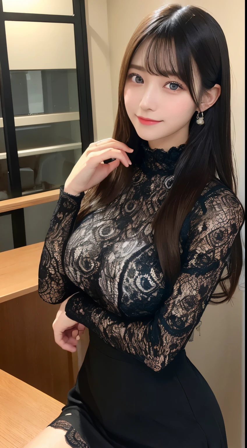 (High neck all lace costume、ample breasts、get sexually excited、Show your thighs from the lace skirt、very thin waist)、（bold sexy pose、19 years old、detailed double eyelids、beautiful and detailed eyes、no makeup、beautiful and detailed face、Big eyes）、bright look、highest quality、、High resolution、Super detailed、caustics、japanese girl、smile、cute、black hair、depth of field、chromatic aberration、blur the background