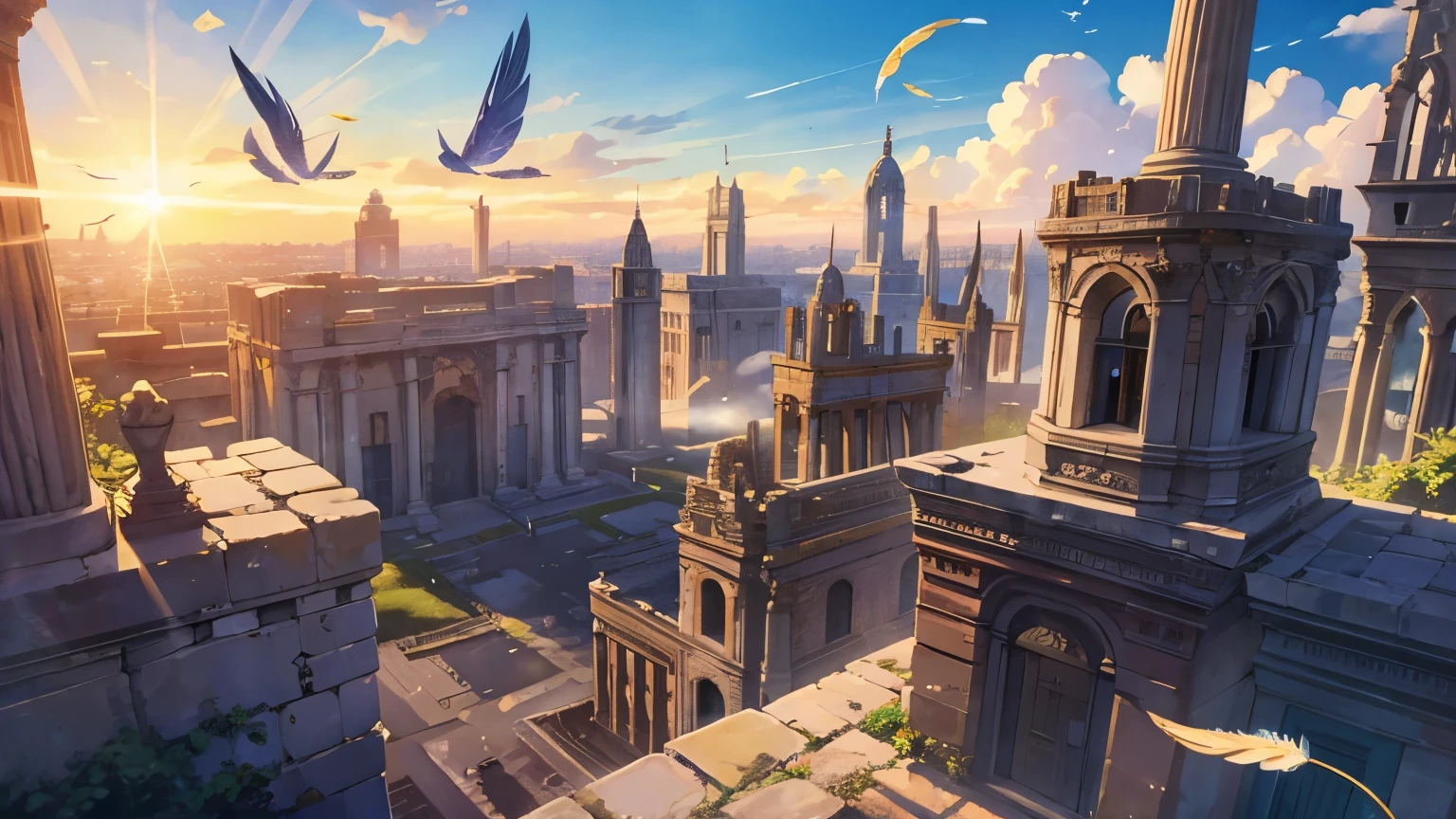 steampunk,blue sky,look up,lively,Fluttering feathers,the sun shines,ancient ruins,top of the hill,Looking down from behind
