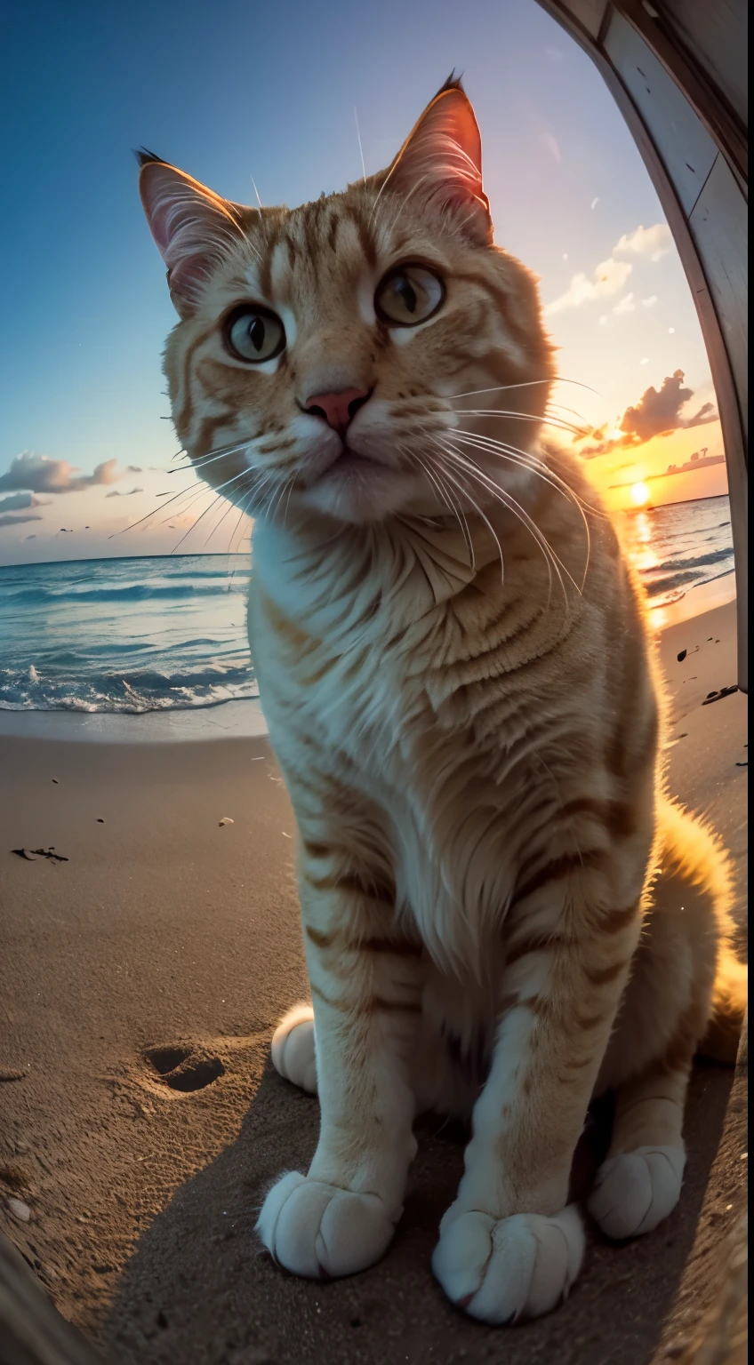 Big fluffy yellow cat taking a selfie on the beach, sunset, fisheye lens, establishing shot, pastel color grading, depth of field movie effect, film noir genre, 8K resolution, high quality, Super detailed