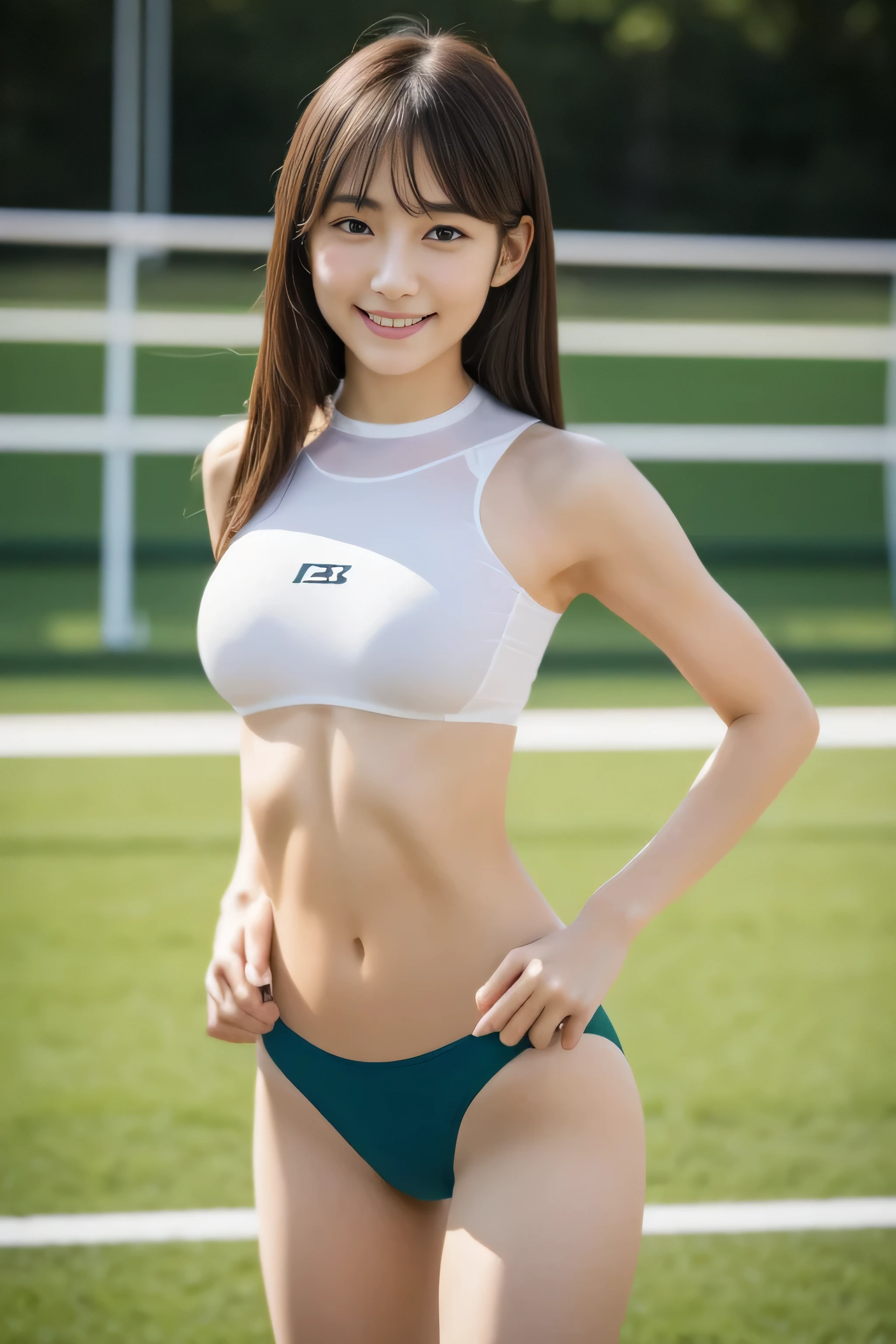 Front Body Shot:1.9, field athlete, Standing on the athletics stadium, spread your legs:1.4, smile, looking at the viewer, standing facing forward:1.9, looking at the viewer, Wearing a seamless separate field uniform, tight fit panties, camel toe:1.8, short torso:1.3, thin, medium breasts:1.2, belly button, ((thin:1.3)), ((medium hair)), (small ass:1.1), parted bangs, (highest quality, 8k, 32K, masterpiece, Hmm:1.2),Cute Japan girl photo(Japanese:1.4), realistic, (:1.2)