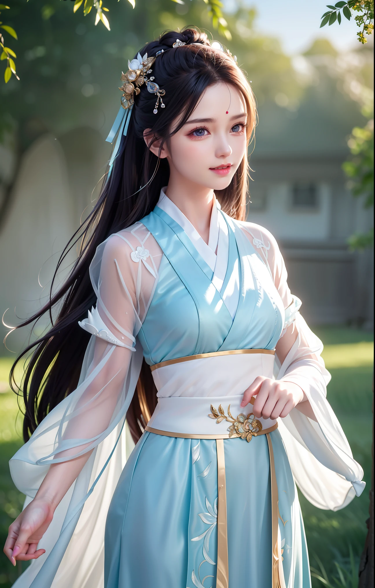 (8k, original photo, best quality, proficient:1.2), (actual, photo-actual:1.37), Super detailed, (High detail skin:1.2), 8K Ultra HD, SLR camera, soft light, high quality, film grain, Fujifilm XT Professional Lighting, photon mapping, Radiosity,Deep V Gorgeous Hanfu, White robe fluttering in the wind, Long hair, well dressed, perfect face, fair, concept art, Detailed face and body, Award-winning photography, Detailed face, backlight, Surrealism, Ray tracing, intense gaze, looking at the audience, lamp, ember, fantasy, Action pose, splash, mist, original photo, 8K Ultra HD, film grain, charming smile, healing smile, close up