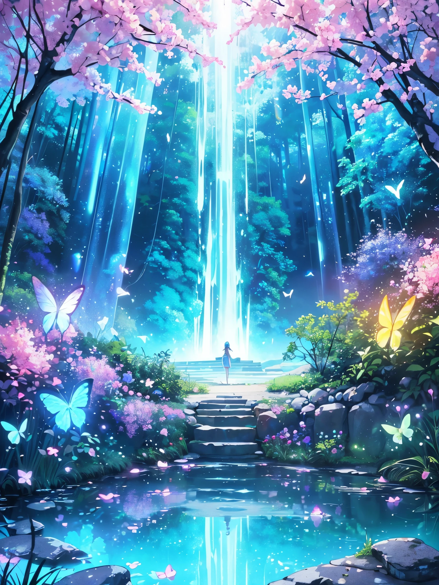A mystical and enchanted forest, with luminous flowers, multicolored neon butterflies, crystal clear water that flows from a waterfall, beautiful trees, (((unique view with extremely vivid multicolors without any people))), in the background of the scene a mystical elf princess , {extremely detailed 16k CG unit wallpaper}, expansive landscape photography, (a low angle view focusing on the character and the sky above), (wide open field view), (low angle shot), ( high light: 1.4), (low light: 1.2), (warm light source: 1.6), complex details, (iridescent colors: 1.6), (bright lighting), (atmospheric lighting), Dreamy, unique, no people, reflections perfect