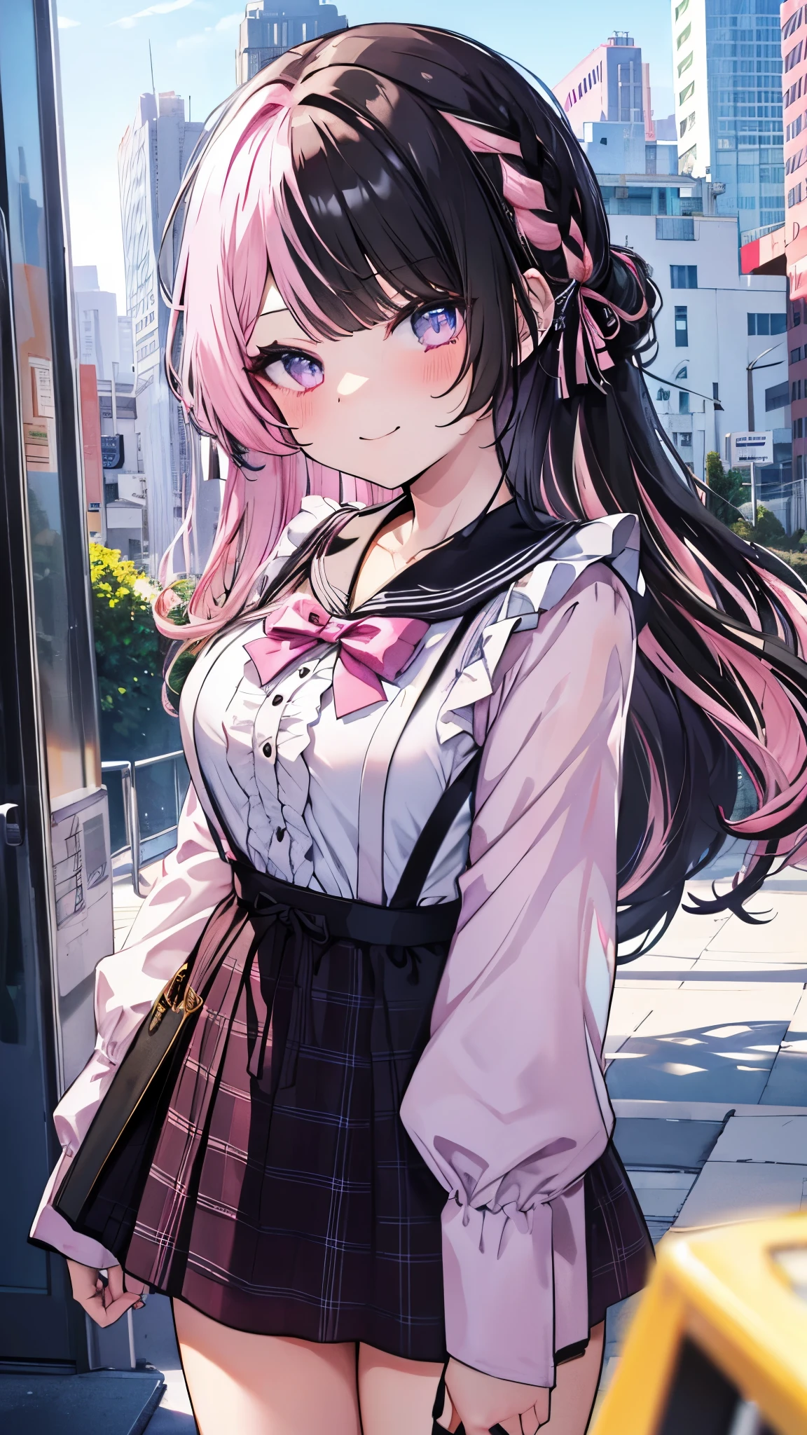 (8K、best image quality、highest quality、masterpiece)、detailed face、1 girl、gyaru、TachibanaHinano、long hair、((split color hair,black hair, pink hair:1.3))、french braid、light blue eyes、smile、big breasts、((White ruffled clothes))、((suspenders))、((black miniskirt))、jiraikei fashion、cowboy shot、downtown background