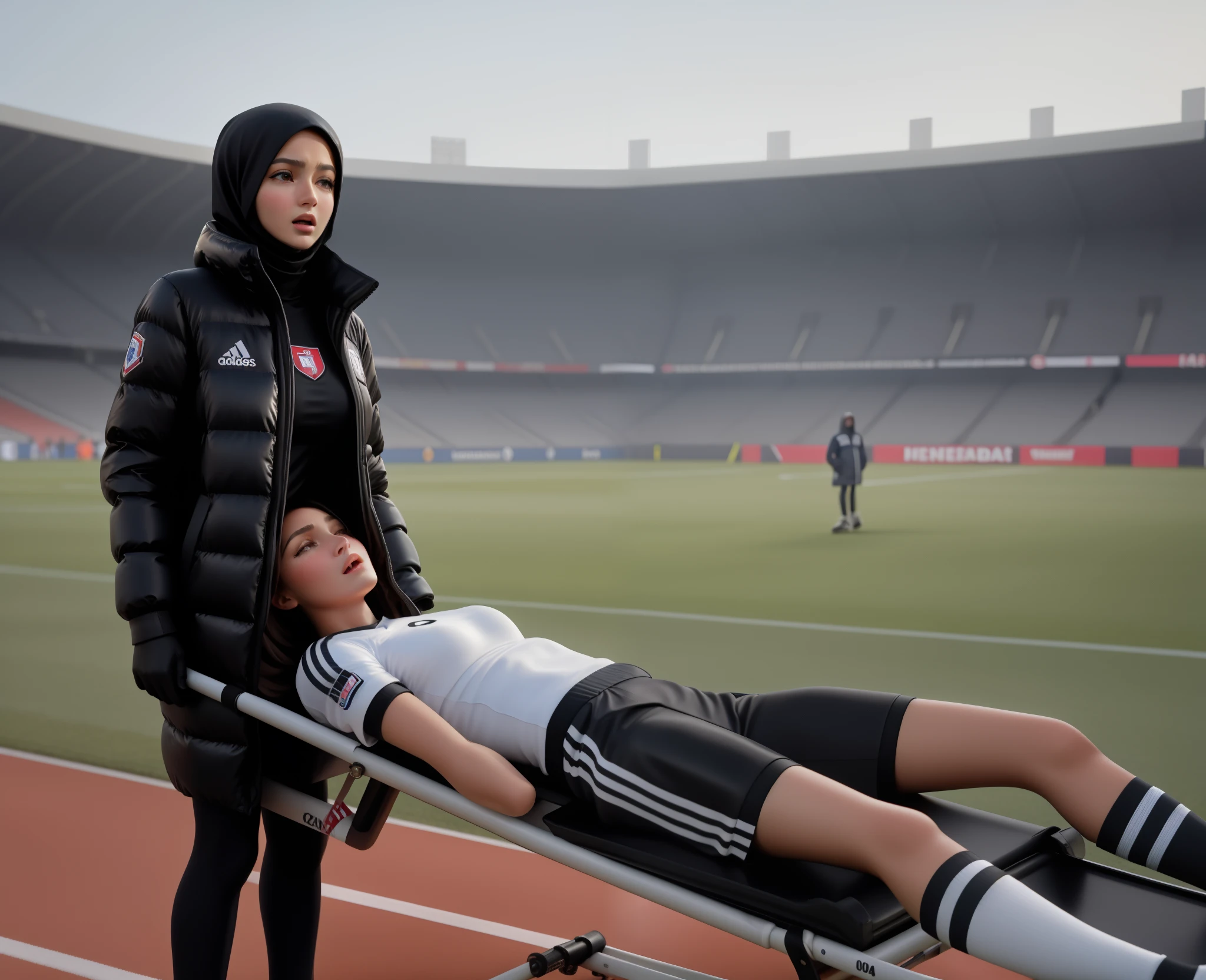 a man on a stretcher, a laquered Moncler downcoat made from very shiny patent fabric, lacquered and very shiny Moncler down coat, Woman in hijab wearing a man on a soccer field, Realistische Szene, realistische Aufnahme, Ein hyperrealistisches, Detaillierte Szene, a very smooth and very shiny and very glossy padded Moncler down coat, His hands cover his face, The man held his hands in front of his face, Both hands are in front of his face, Bald man on a stretcher, die von einer Frau getragen wird, A football scene in a stadium in Italy , Gargling woman in shiny black plastic coat in front of us with angry face and extremely horrified and desperate expression on her face from right to left across the football field, Frau, who wears a stretcher in a horizontal orientation, on which lies an injured footballer in dull and dusty blue sportswear, The footballer lies sideways on the stretcher, the legs slightly bent and the upper body turned towards us, and has both arms bent and his hands in front of his face, The footballer's head on the stretcher lies close to the women's deep black plastic coat and is covered by the footballer's arms and hands, The footballer in the Cotton Sportswear mat has his hands clasped in front of his face in pain, eine Aura des Schmerzes und der Traurigkeit ausstrahlend, The beautiful woman in the shiny black plastic coat carries the injured soccer player on the stretcher, which she carries across the soccer field in front of our eyes, In the background you can see the occupied stands of a football stadium, A football match in Italy, Sportverletzung, Transport auf der Trage, Jennifer Lopez, high res photo, Ultra-realistisches Foto, Fotorealistische Aufnahme, Super high-resolution and sharp photo, Shiny black plastic burqa, Bester Schuss, Beeindruckendes Gewinnerfoto, realistische Aufnahme, Perfekter Schuss, verletzt, Intensiver Moment, 📷