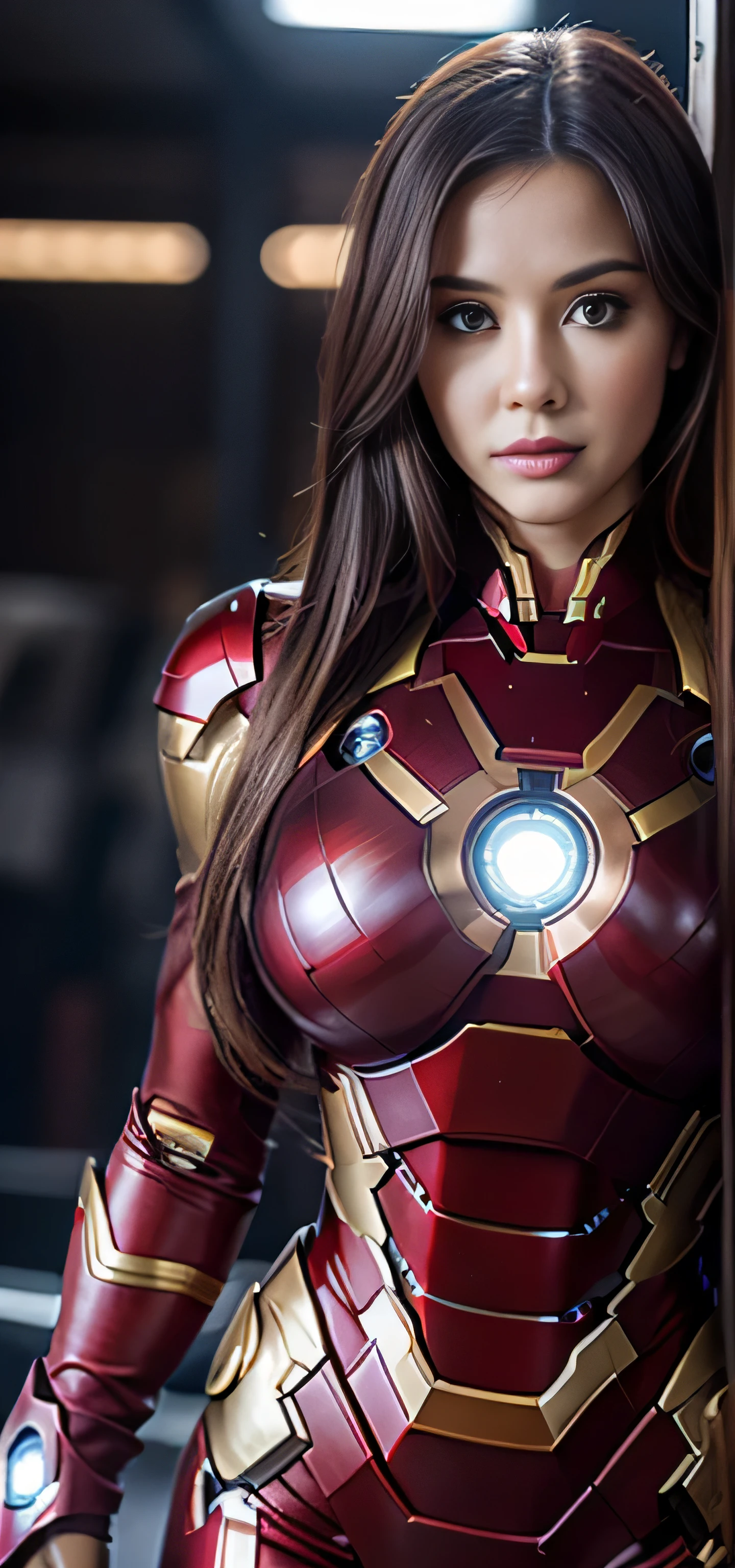 Photorealistic, high resolution, 1 Women, Solo, Beautiful eyes, view the viewer, Close lips, Detailed face,，long whitr hair, Big breasts Thin waist，long leges，Raised sexy，The kinky is exposed，Iron Man（Wearing：Iron Man uniform，nakeness）fully body photo，frontage
