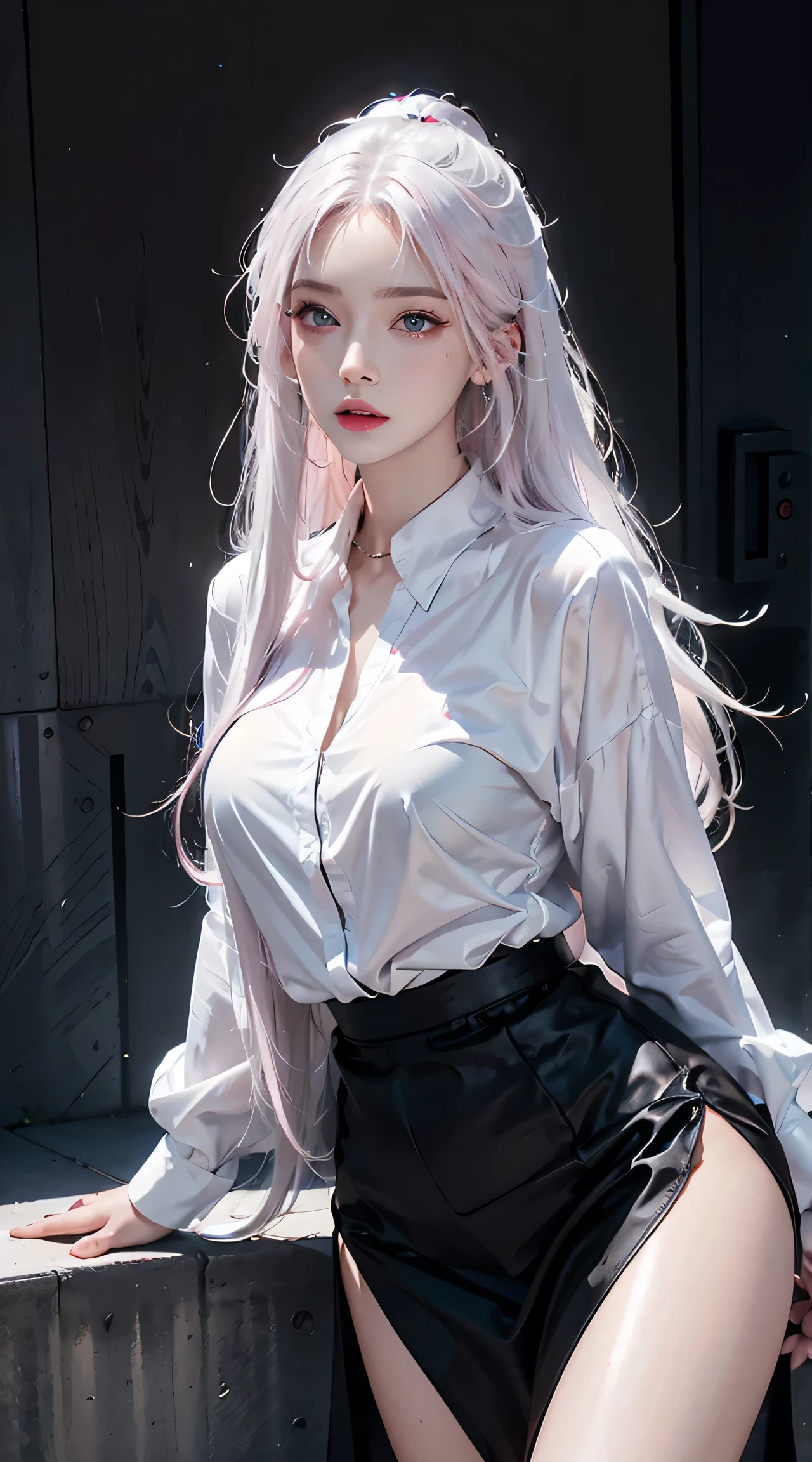 lifelike, high resolution, 1 female, skin shiny, alone, tattoo, jewelry, pink lips, long hair, white hair, blue eyes, shut your mouth, Buttocks up, shirt, black skirt, streetwear
