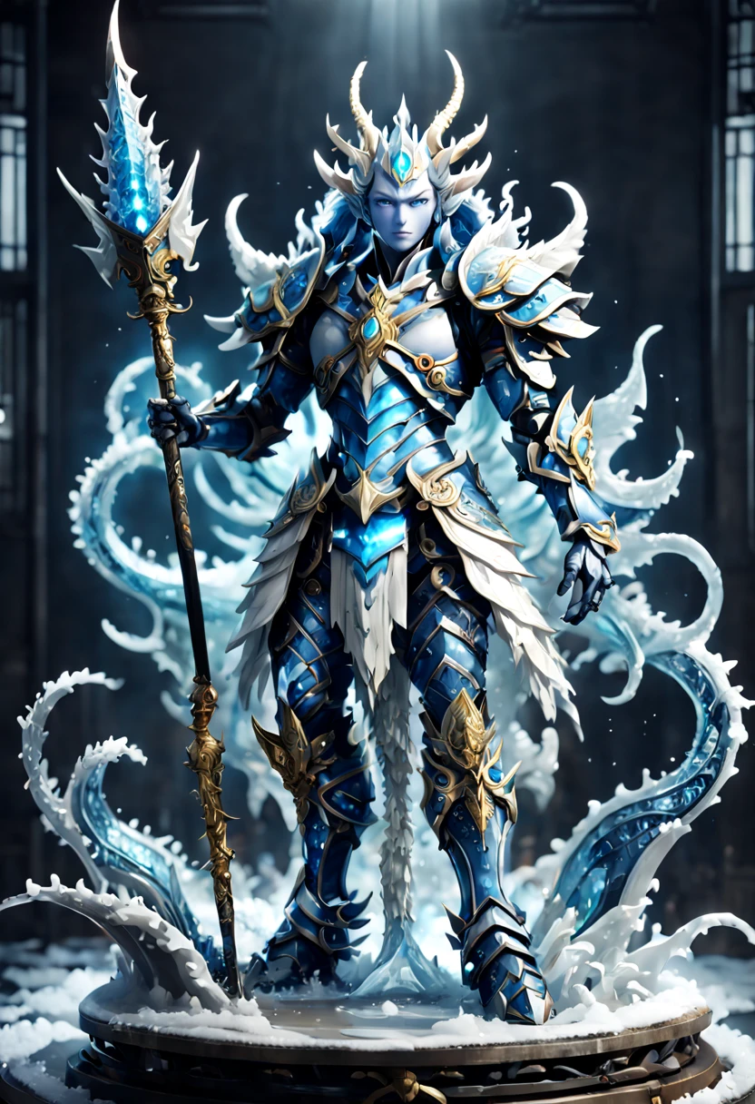 ocean,huge waves, (Demon God Altar Fighter,Water God:1.5), Mechanical arm,(Mechanical Crystal Spear:1.5),((Heroes from another world)),The interior shimmers with icy blue and white, full-body shot,thin and long,dark blue eyes,Curly ears,(Wearing ancient Japanese mechanical armor:1.8),Smile,blooming waves,octane rendering, Ray tracing, Volumetric lighting,backlight,edge lighting, 8k, high dynamic range,高度meticulous干净, beauty,meticulous,complex, F41Arm0rXL