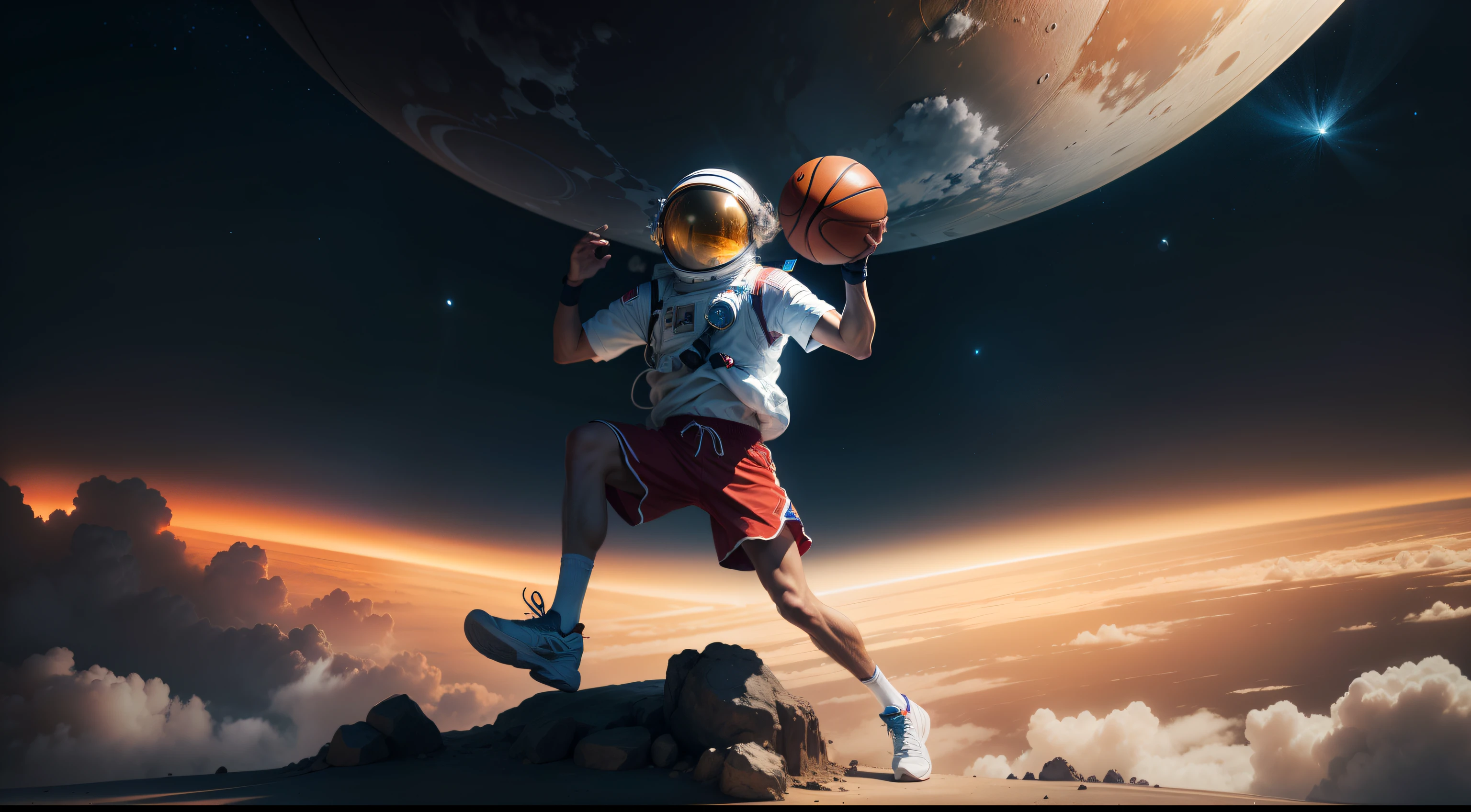 Em resposta ao seu pedido, 我创建了一名astronaut在月球上打篮球并表演迈克尔·乔丹式扣篮的 3D 插图! The scene takes place in a dark space, com o Planeta Terra brilhando majestosamente ao centro.

astronaut, Wear your spacesuit with pride, Showed off his incredible basketball skills, despair during pregnancy. Has amazing skills, salt and intestines, Fasondo Uma Jogada Special!

Rendering is done with smooth lighting and realistic physical details, Bring the scene to life. The colors chosen highlight the emotion of the moment, The presence of the earth in the background adds a special dimension to the illustration.