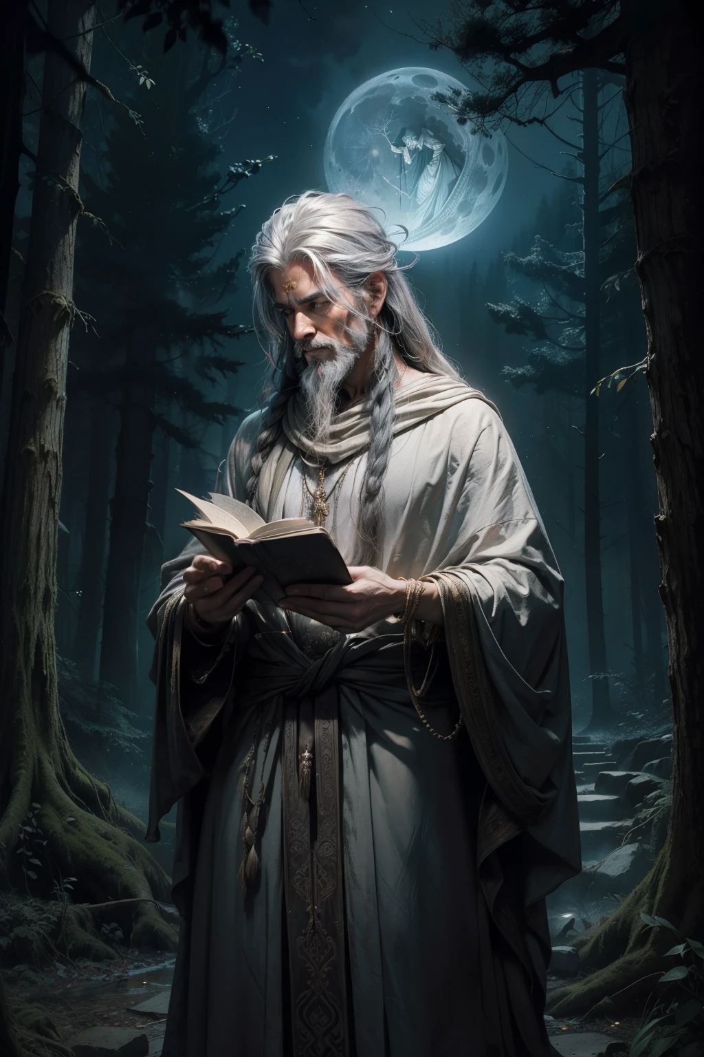 Masterpiece, Best Quality, Ancient Mystery – A mysterious figure, (bery ancient-looking and enigmatic), Standing tall in a moonlit ancient forest, (the trees reaching towards the star-studded sky), Clutching an ancient tome in one hand, (worn and tattered, its pages filled with cryptic symbols), And a gleaming sword in the other, (sharp and well-worn, reflecting the silvery moonlight);

His long, tangled hair hangs like vines, (lustrous and matted, resembling the knotted roots of an ancient tree), Résumé of an Aghori, (a holy man from India,