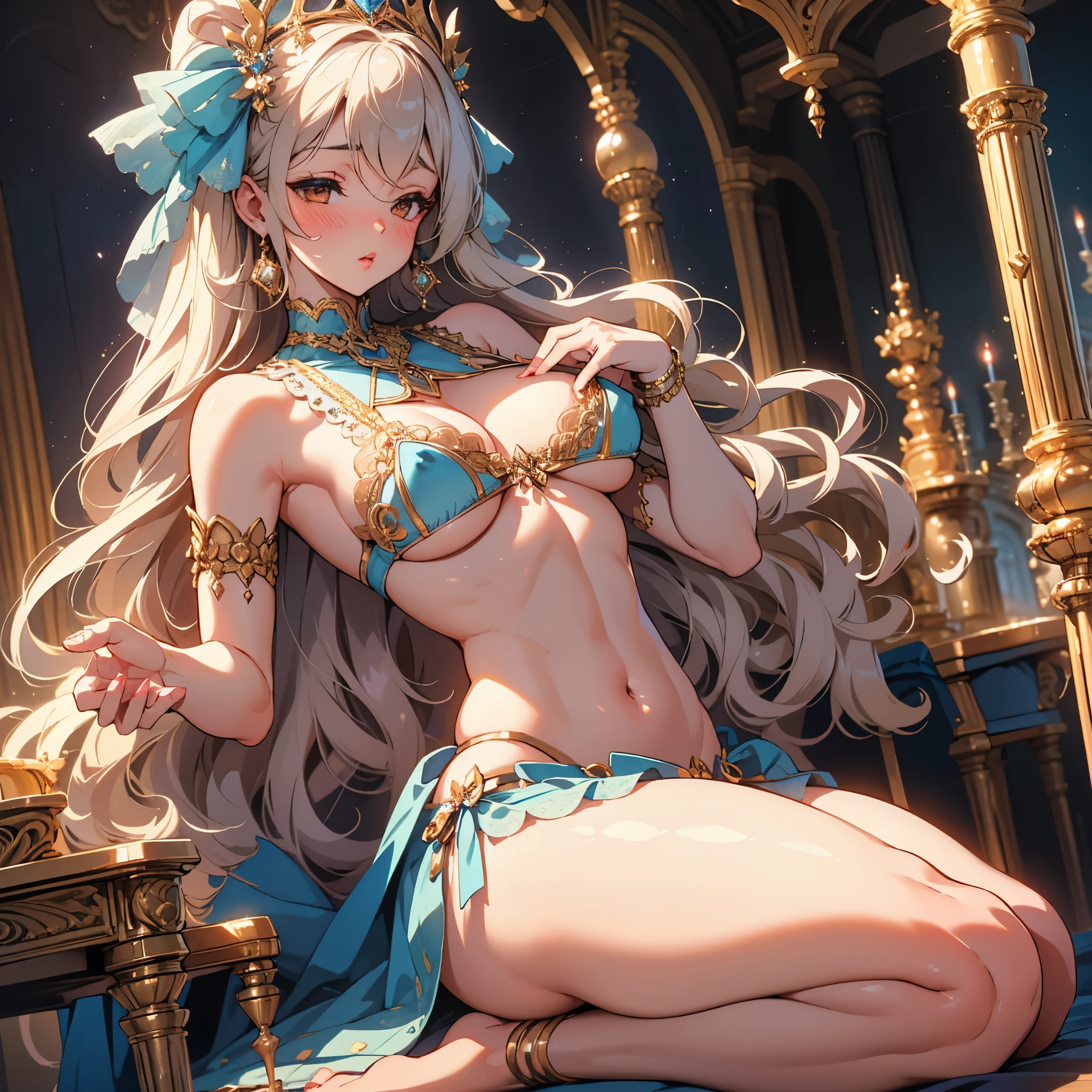 wedding bjd, sexy, large breasts, sleeping pose, spread legs, public hair, nudity, solo, blonde hair, brown eyes, long hair, bare shoulders, sleeveless, hair ribbon, embarrassed face, blush, breath, 3gypt1anb3llyD, barefoot, midriff, dancer, underboob, sideboob, (blue) belly dancer, large breasts, (slim Waist: 1.2), lucious full waist, (Thick Lips: 1.3), small-nose, heart pasties, showing cleavage, pasties, (nipples, sexy transparent lingerie 1.5), anime realism by artgerm and donato giancola