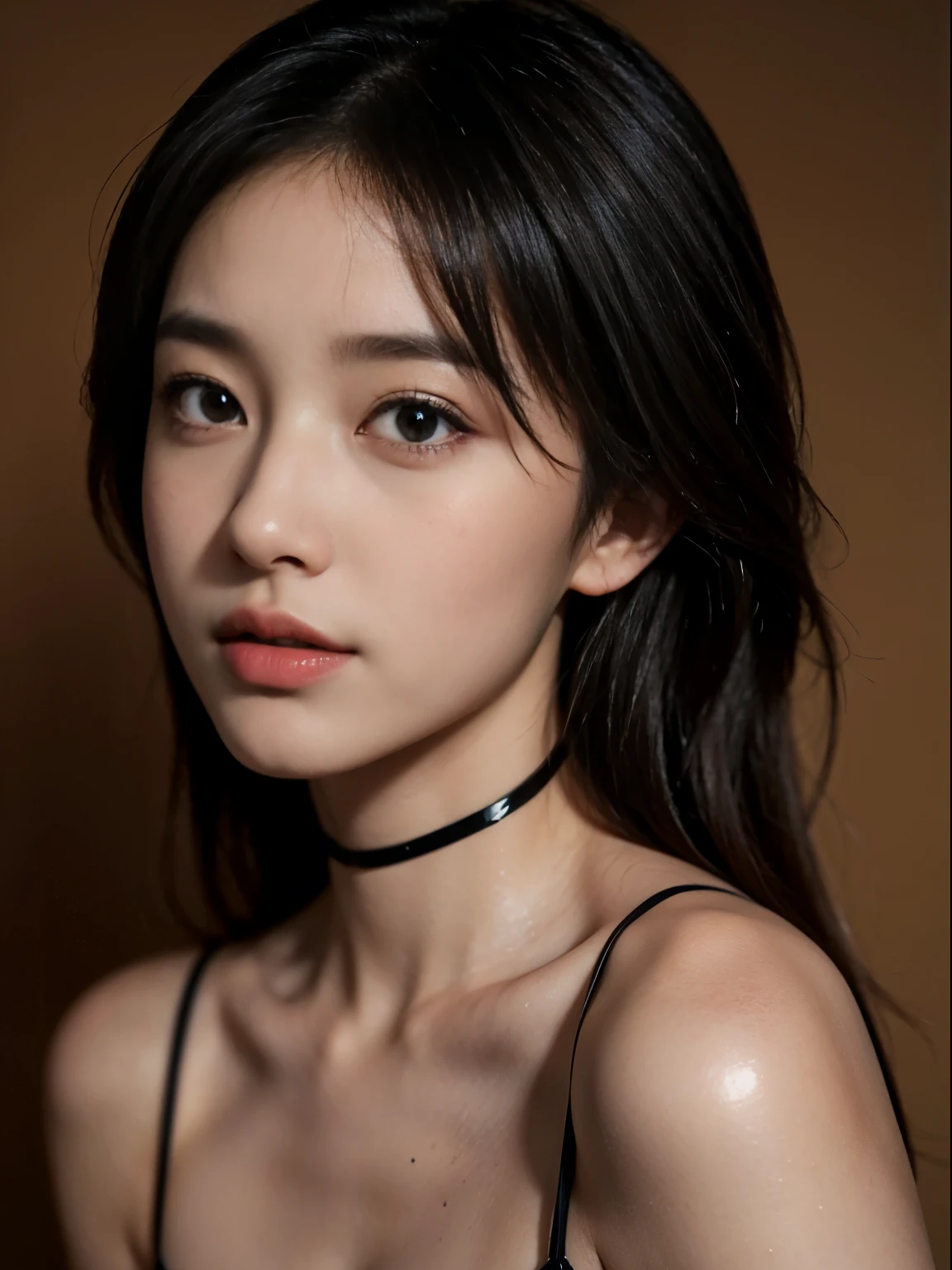 1人の女性、Korea person、Korean Beauty、golden bikini、a choker、intricate detailes、hightquality、(High class:1.4)、super realistic 8K、face perfect、Perfect、clean、masterpiece、Professional artwork、famousartwork、face perfect、Beautiful expression、beautidful eyes、short dark hair、wetting hair、very Bigger breasts、clothes shiny、model poses、Ultra-realistic 4K、Top image quality、