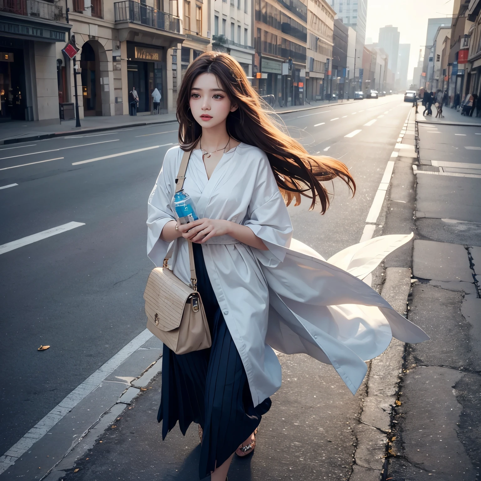 A beautiful girl walks down the street with her hair floating in the wind and in her hands a 0.5 ml bottle with the inscription milliy,