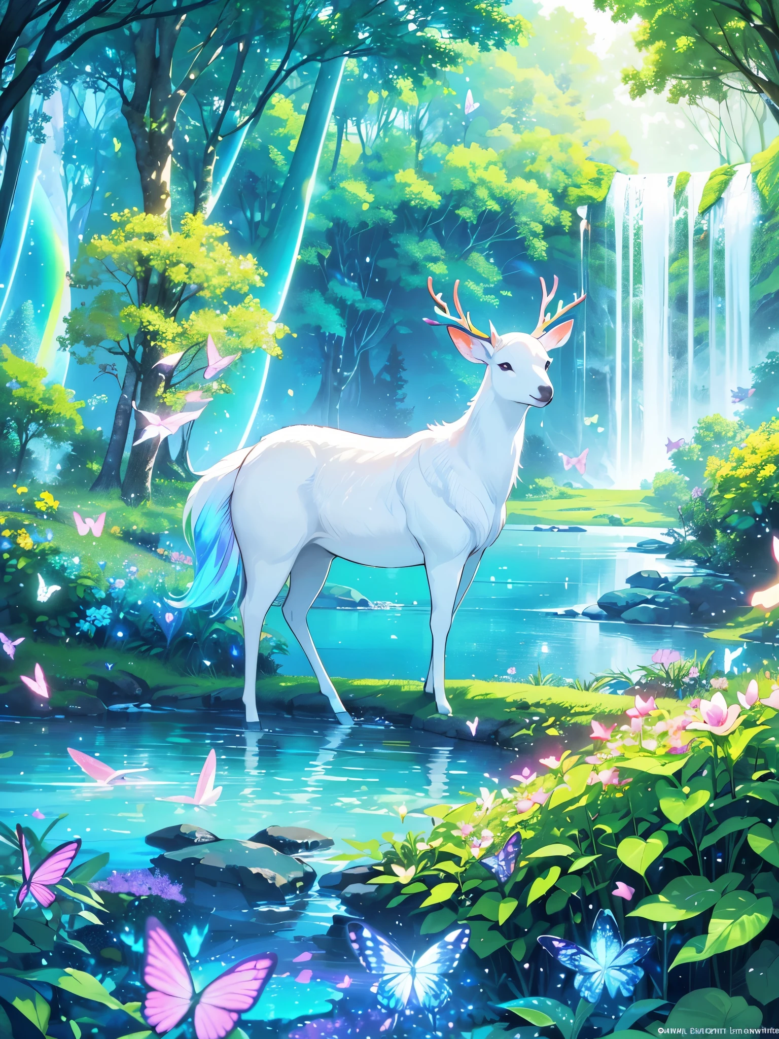 A mystical and enchanted forest, with luminous flowers, multicolored neon butterflies, crystal clear water that flows from a waterfall, beautiful trees, (((unique view with extremely vivid multicolors without any people))), in the background of the scene a mystical white deer with horns , {extremely detailed 16k CG unit wallpaper}, expansive landscape photography, (a low angle view focusing on the character and the sky above), (wide open field view), (low angle shot), ( high light: 1.4), (low light: 1.2), (warm light source: 1.6), complex details, (iridescent colors: 1.6), (bright lighting), (atmospheric lighting), Dreamy, unique, no people, reflections perfect