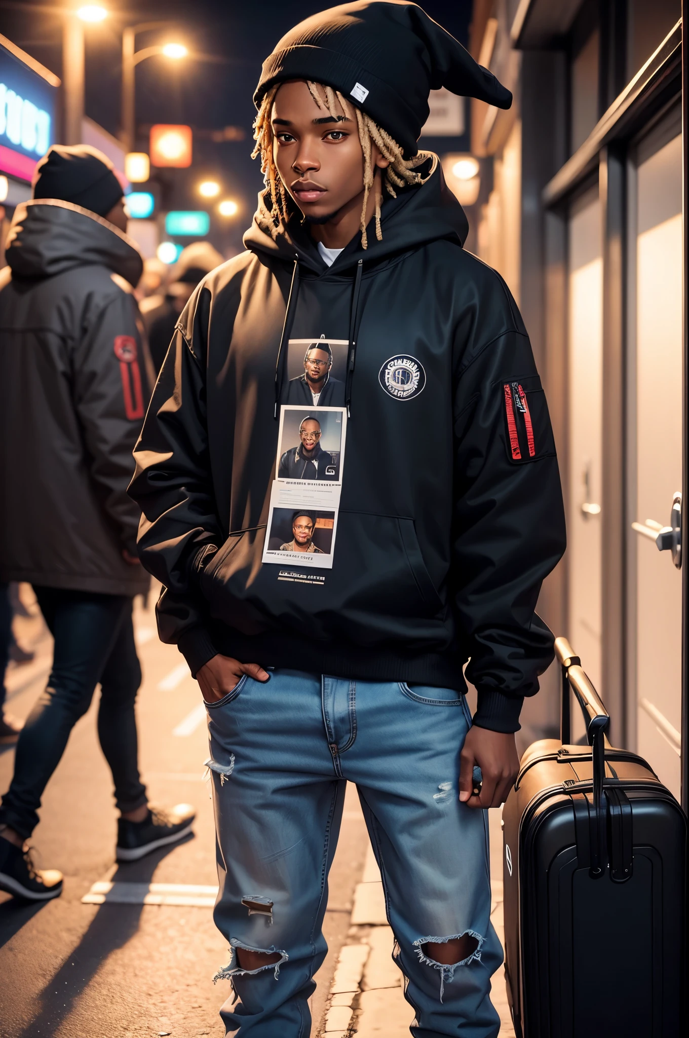 20-year-old black man, Wears black downjacket and black hoodie and jeans and black knit cap. He uses a black cell phone with a large screen and a hacker sticker. It's standing on a dark street, looking at the front. photorealistic image, front photo, realisitc photo, 8k