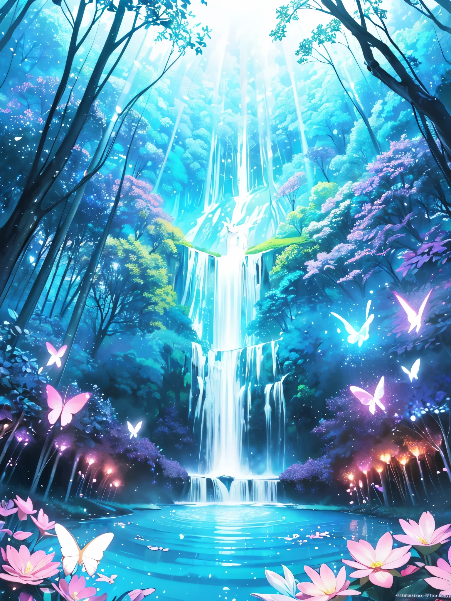 A mystical and enchanted forest, with luminous flowers, multicolored neon butterflies, crystal clear water that flows from a waterfall, beautiful trees, (((unique view with extremely vivid multicolors without any people))), in the background of the scene a mystical white deer with horns , {extremely detailed 16k CG unit wallpaper}, expansive landscape photography, (a low angle view focusing on the character and the sky above), (wide open field view), (low angle shot), ( high light: 1.4), (low light: 1.2), (warm light source: 1.6), complex details, (iridescent colors: 1.6), (bright lighting), (atmospheric lighting), Dreamy, unique, no people, reflections perfect