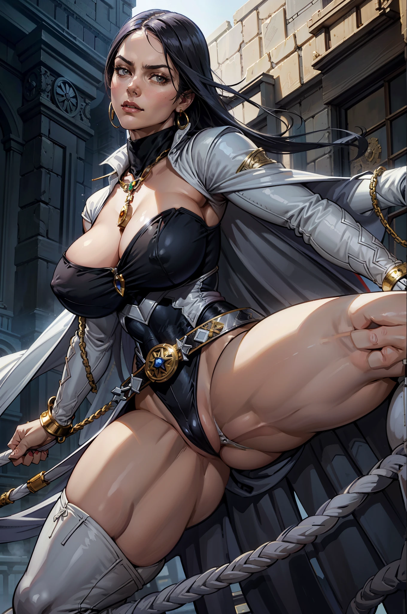 enjinight as Raven, solo cowboy shot, pale skin, black leotard, turtleneck, sexy hip and thighs, very large hips, cape, gold belt, jewels, medallion, athletic, looking at viewer, mist, fog, volumetric lighting, best quality, masterpiece, intricate details, sharp focus, hyper detailed, realistic