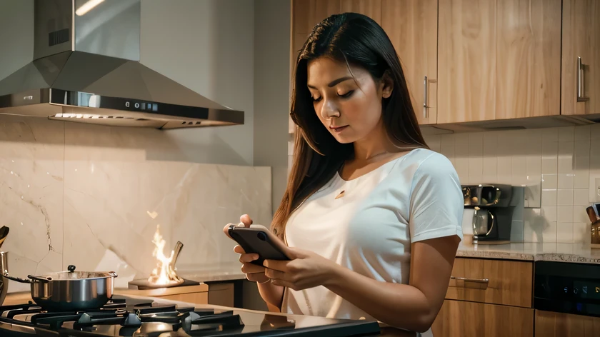 woman looking at phone while cooking at home.fuego. ultra realista, post-production photography with a Fujifilm X-T4. UHD 8K –s 750