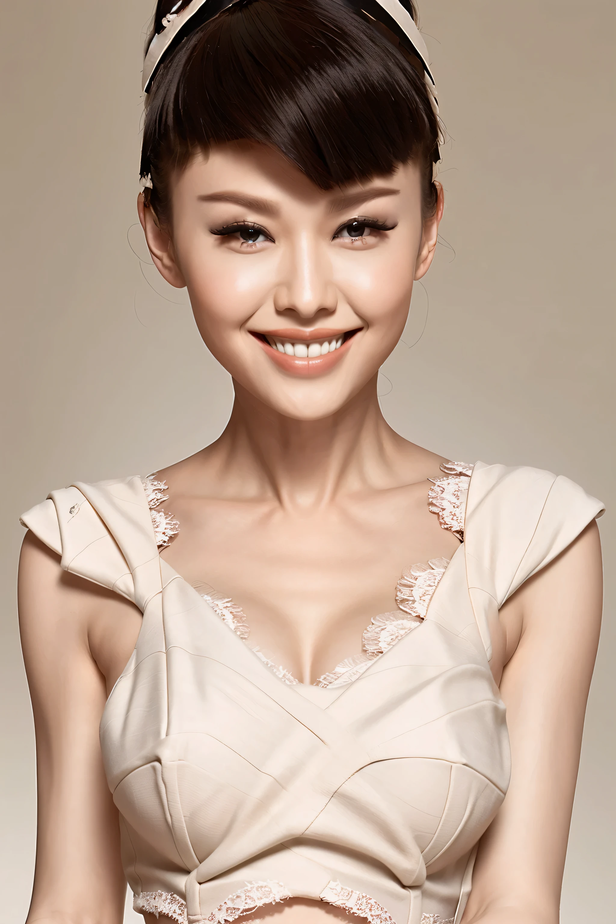 fashion model 20 years old [[[[close up]]]], [[[[neck]]]], [[[[Shoulder]]]], perfect eyes, perfect iris，perfect lips，perfect teeth，Perfect skin，White skin，Soft headlight，High Density Imaging Review，long black hair，（Face is clear and delicate），((white lace underwear))，((Sexy))，(((charming smile)))，((Half body photo))，((The background is the bedroom))，((Deluxe king bed))，best quality，masterpiece，（pastel colors：1.2）