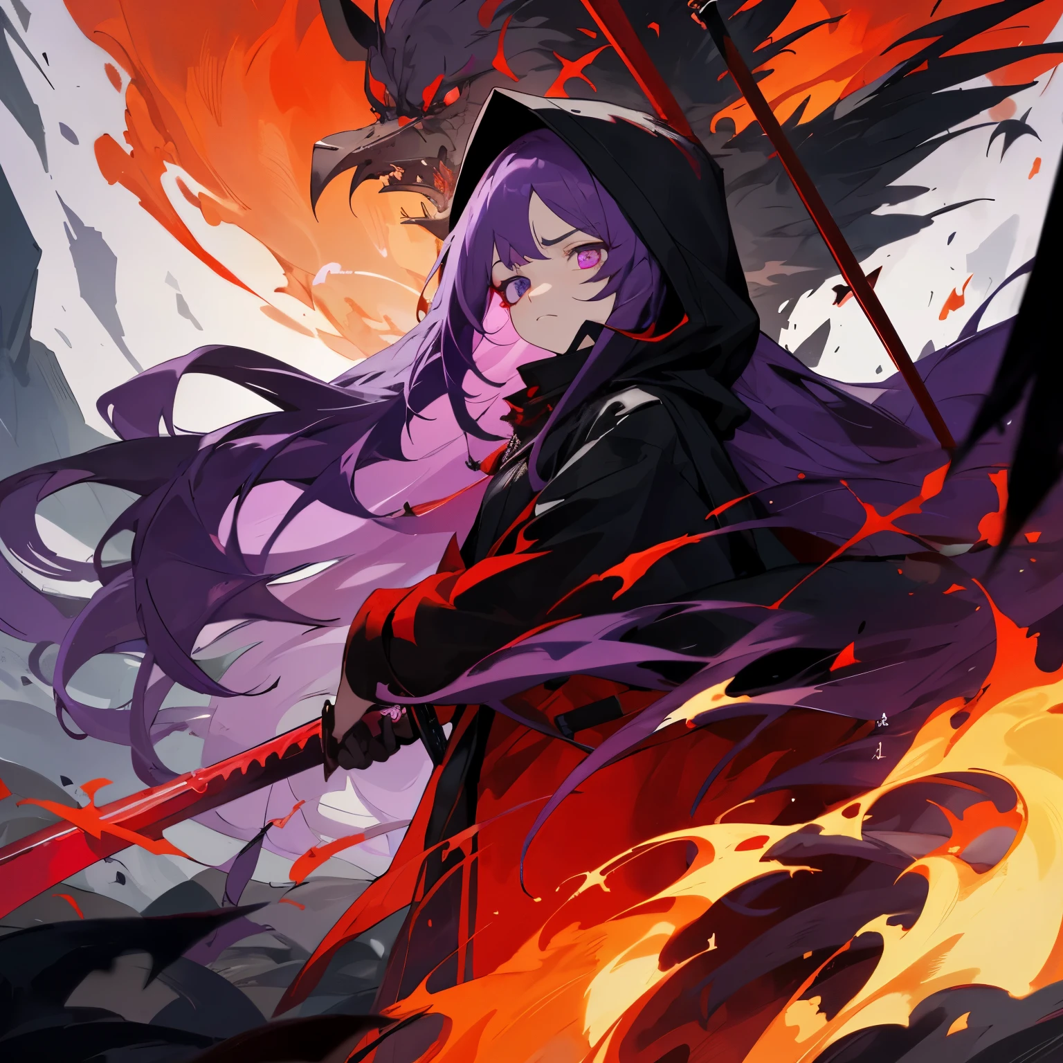 The girl has a purple pupil in her left eye,A girl with long purple hair and a red pupil in her right eye is wearing a black hooded coat(Cover right eye and hair)Standing in the flames with firm eyes,Holding a black and red sword with an expression of sadness and hatred,A crow flies behind you。