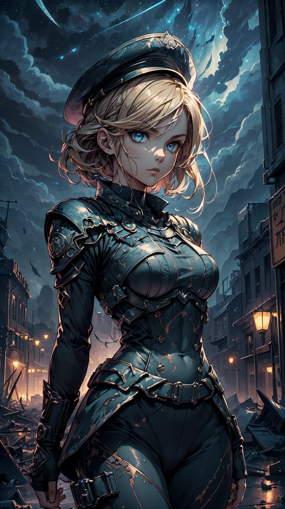 (8k, RAW photo, 最high quality, masterpiece:1.2), High-definition RAW color photo, Professional photography, cinematic light, alone, ((hero girl)), military officer, portrait of a hero, A very delicately crafted award, Military uniforms and hats, (blonde, Blue colored eyes, short hair), (slim body shape:1.4), Highly detailed face and skin texture, Details of thin face and eyes, flowing hair, A strong and determined look, ((night sky, Otherworldly scenery, Background of a ruined city:1.4)), 最high quality, Super detailed, dark color, dramatic lighting, heroic pose, HDR, sharp focus, staring eyes, beautiful skin, shiny skin, deep shadows and highlights, (((perfect fingers, five fingers, anatomically correct))), background bokeh, high quality, bright colors, award winning photography, Realistic light and shadow with attention to detail, Immersive 3D rendering, Professional 3D artistry,