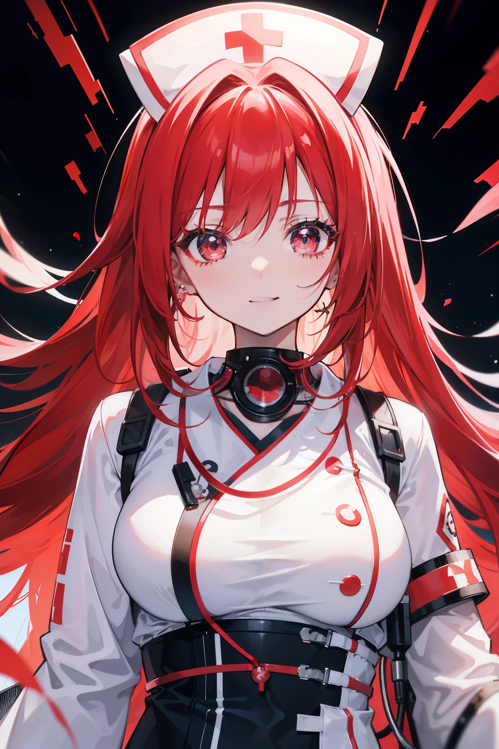 Masterpiece, best quality, 1 red-haired anime 3D nurse, radiant smile, brimming with happiness and contentment in her profession, stethoscope delicately draped around her neck, abstract theme in the background, pulsating colors representing the dynamic and ever-evolving essence of healthcare, intricate details highlighting the nurse's attire and equipment, creating a captivating and immersive scene. --s2