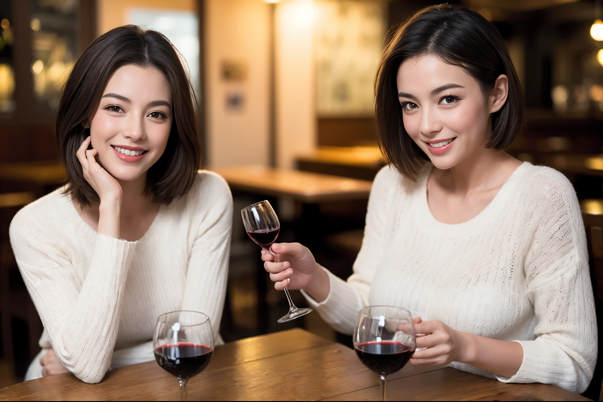 (64k included、nffsw、highest quality、masterpiece:1.2)、(realistic、Photoreal:1.37)、super detailed、wine glass、while enjoying wine、mature woman、two beautiful women、(slim face)、(Because I'm slender)、(brown hair)、(shortcut)、Latino、smiling french woman、happy italian girl、british woman、Americana、slightly reddening cheeks、(36 years old)、39 years old、red wine、窓の外には美しく緻密なnight景が広がります.........、restaurant、目立つ場所にあるwine glass、night、(from the waist up)、sit on top、date、(laughter:1.15)、detailed and beautiful eyes、cashmere sweater、long sleeve dress、Japanese、(short hair:1.2)、Float NovaFrogStyle、、modeled、from the waist up、White wine、turned into slime、wine glass、超綺麗なnight景、wine glassを真ん中に置きます、Smile、(8k、Raw photo、highest quality、masterpiece:1.2)、(realistic、Photoreal:1.37)、super detailed、Super high resolution、2 females、see the beholder、beautiful and detailed face、laughter、narrow、(slim waist) :1.3)、knit shirt、Fine and beautiful skin、skin texture、floating hair、professional light needle breast、kind eyes