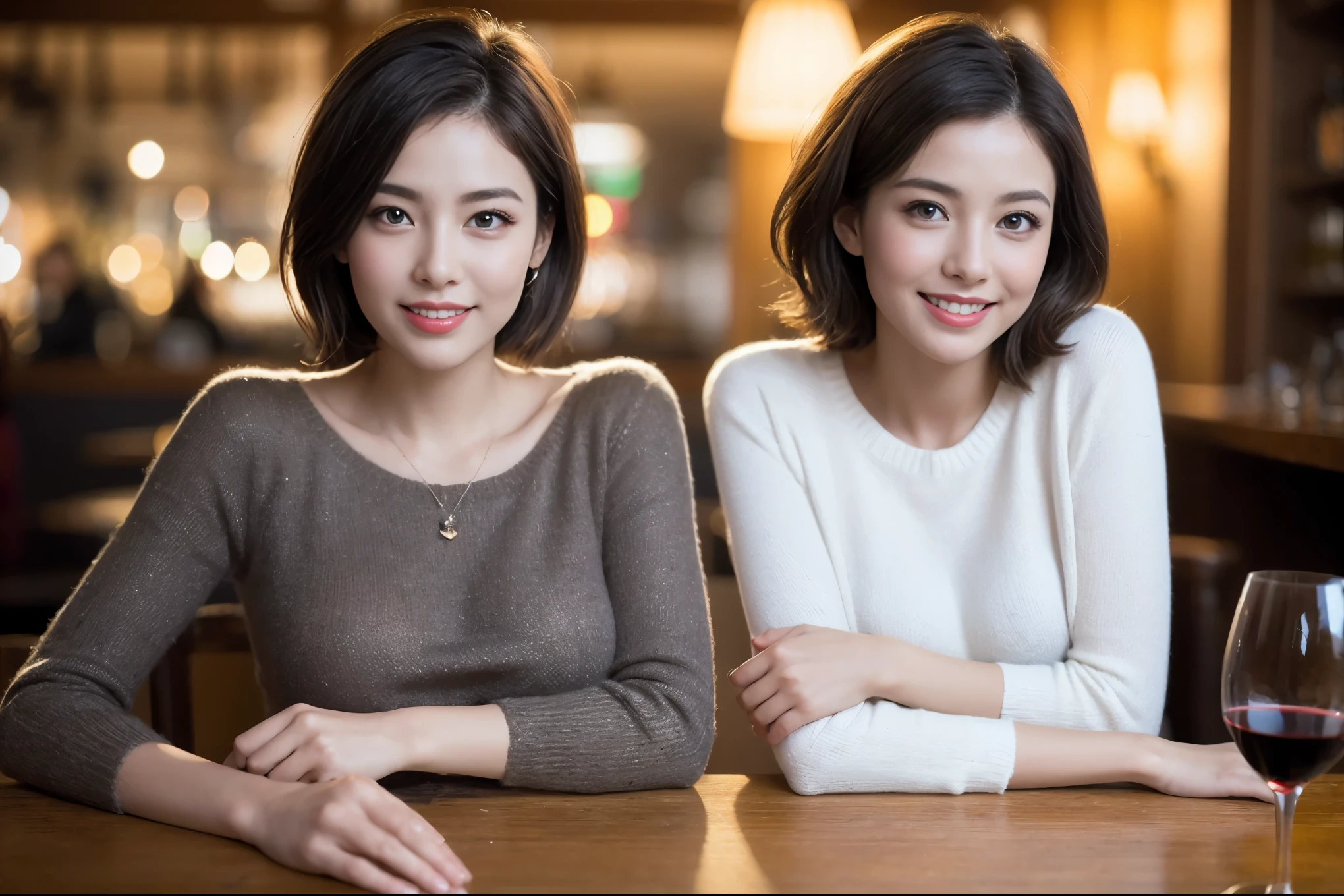 (64k included、nffsw、highest quality、masterpiece:1.2)、(realistic、Photoreal:1.37)、super detailed、wine glass、while enjoying wine、mature woman、two beautiful women、(slim face)、(Because I'm slender)、(brown hair)、(shortcut)、Latino、smiling french woman、happy italian girl、british woman、Americana、slightly reddening cheeks、(36 years old)、39 years old、red wine、窓の外には美しく緻密なnight景が広がります.........、restaurant、目立つ場所にあるwine glass、night、(from the waist up)、sit on top、date、(laughter:1.15)、detailed and beautiful eyes、cashmere sweater、long sleeve dress、Japanese、(short hair:1.2)、Float NovaFrogStyle、、modeled、from the waist up、White wine、turned into slime、wine glass、超綺麗なnight景、wine glassを真ん中に置きます、Smile、(8k、Raw photo、highest quality、masterpiece:1.2)、(realistic、Photoreal:1.37)、super detailed、Super high resolution、2 females、see the beholder、beautiful and detailed face、laughter、narrow、(slim waist) :1.3)、knit shirt、Fine and beautiful skin、skin texture、floating hair、professional light needle breast、kind eyes