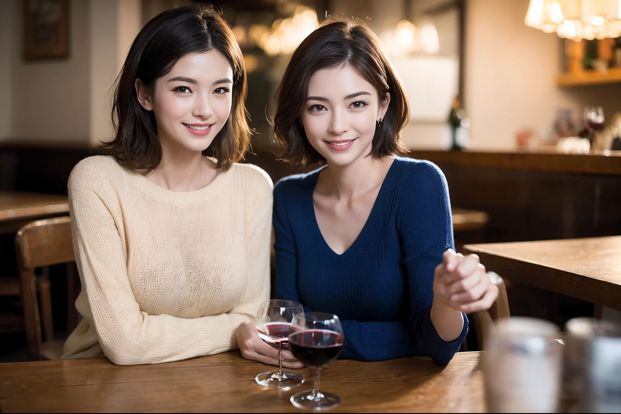 (64k included、nffsw、highest quality、masterpiece:1.2)、(realistic、Photoreal:1.37)、super detailed、wine glass、while enjoying wine、mature woman、two beautiful women、(slim face)、(Because I'm slender)、(brown hair)、(shortcut)、Latino、smiling french woman、happy italian girl、british woman、Americana、slightly reddening cheeks、(36 years old)、39 years old、red wine、窓の外には美しく緻密なnight景が広がります.........、restaurant、目立つ場所にあるwine glass、night、(from the waist up)、sit on top、date、(laughter:1.15)、detailed and beautiful eyes、cashmere sweater、long sleeve dress、Japanese、(short hair:1.2)、Float NovaFrogStyle、、modeled、from the waist up、White wine、turned into slime、wine glass、超綺麗なnight景、wine glassを真ん中に置きます、Smile、(8k、Raw photo、highest quality、masterpiece:1.2)、(realistic、Photoreal:1.37)、super detailed、Super high resolution、2 females、see the beholder、beautiful and detailed face、laughter、narrow、(slim waist) :1.3)、knit shirt、Fine and beautiful skin、skin texture、floating hair、professional light needle breast、kind eyes