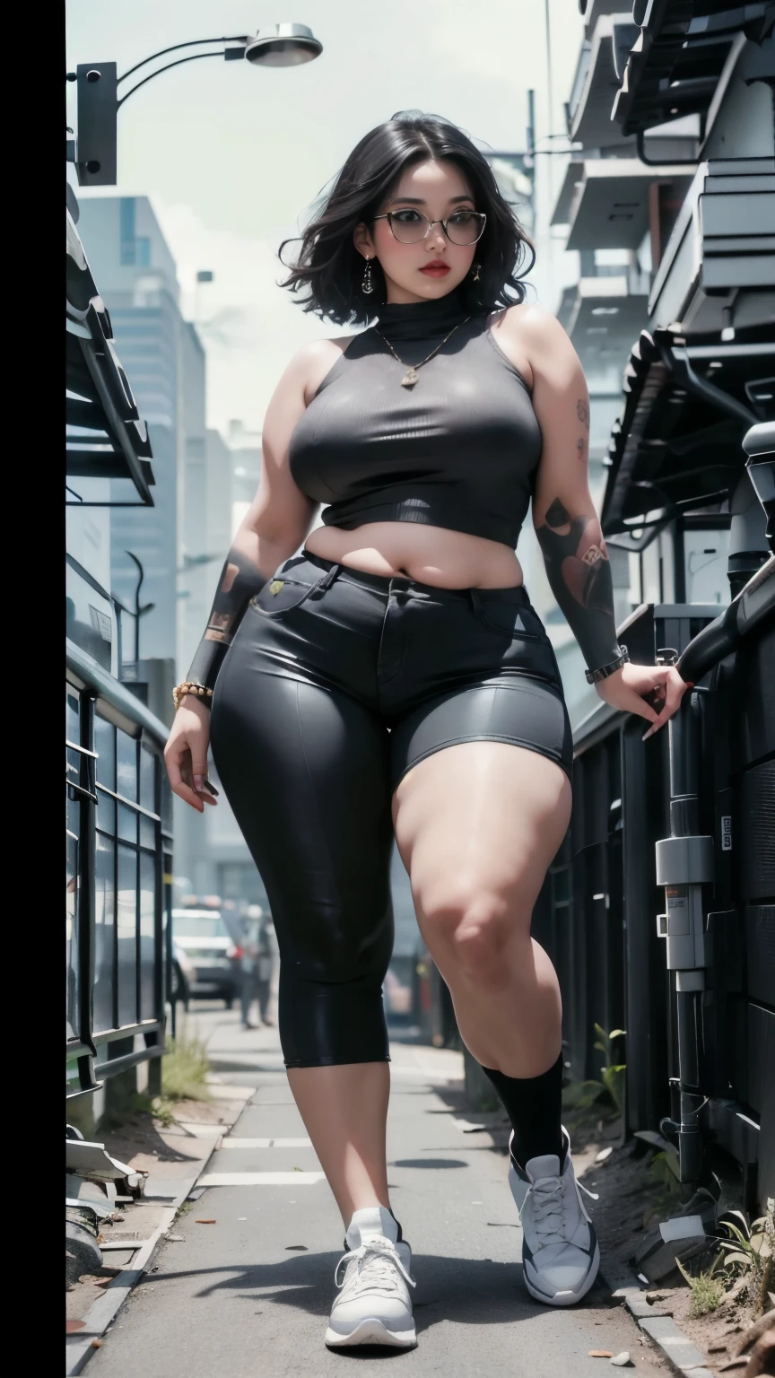 ((best quality)), ((masterpiece)), (detailed), perfect face, Beautiful, mother-in-law, asian-Indonesian , voluptuous, wearing random clothes (formal), In the black room, seductive expression, chubby body, nice body, milf chubby, chinese-Indonesian. Full body, big arm, wide hips , wearing a sneakers, bob hairstyle, baby face , chubby cheeks, 35 year old, chubby tall woman, tattooed thighs , yakuza tattoos , big thighs, big armpits , chubby massive cheeks , thick neck, cold atmosphere, low light, wavy short haired, big breasts, showing her armpits , thick woman , turtleneck, thick woman . Full body, wearing shorts pants, glasses, wearing 6 black gold bracelet, wearing a smartwatch, wearing double diamond necklace, fat cheeks