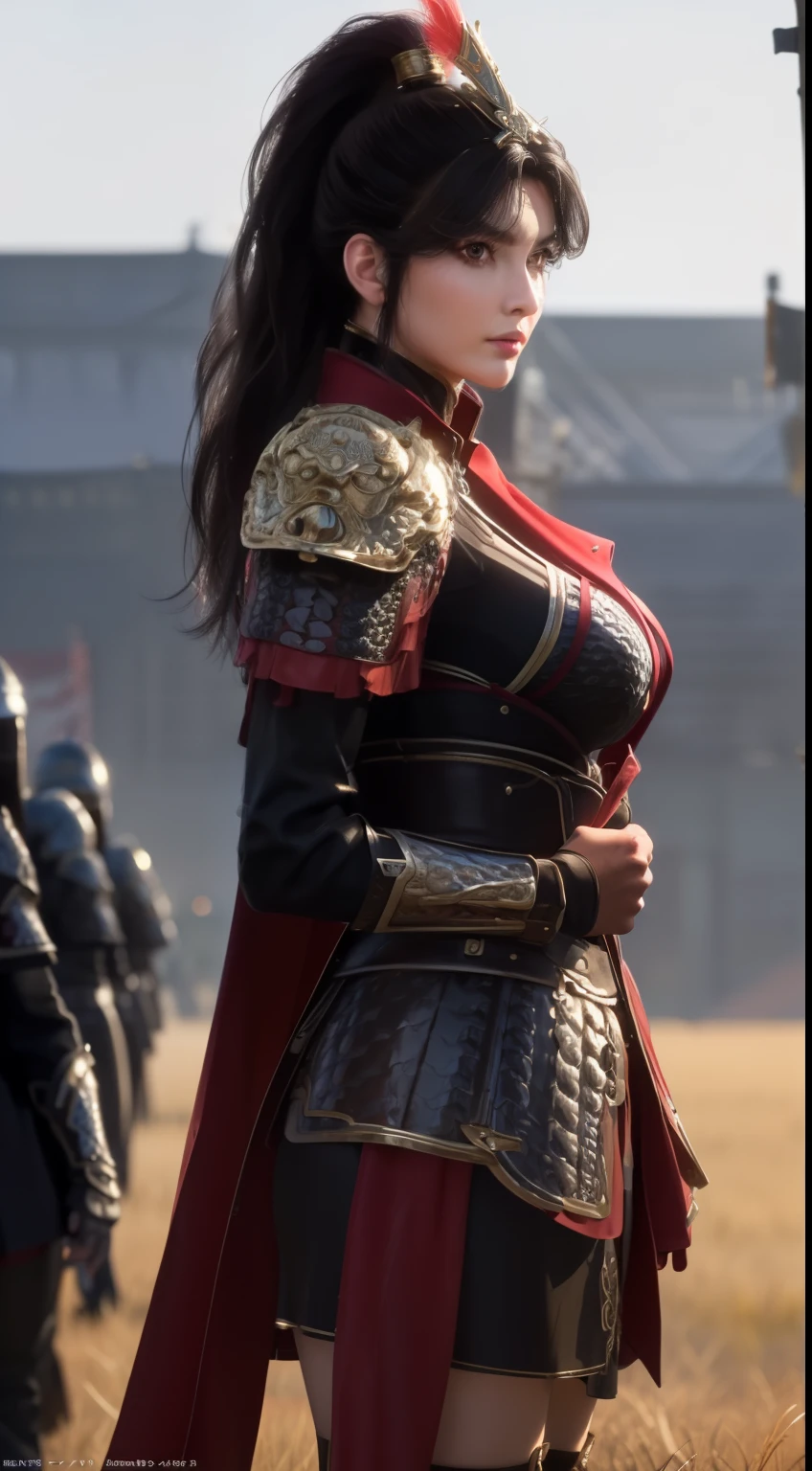 standing in front of a group of people in armor standing in a field with flags in the background,a line of Red flags and a building,
Red outfit,Shoulder_armor,armor,armoRed dress, armoRed boots,Red_cape,High_collar,She has a helmet on her head,
Keep_arms,spear,actual, tHighHighs,,
Bangs,Black_hair,Brown_Eye,long_hair,turtleneck sweater,
1 girl, 20 years,adult,beautiful Finger,beautiful long legs,beautiful body,beautiful Nose,beautiful character design, perfect Eye, perfect Face,
looking at the audience,
NSFW,official art,Extremely detailed CG unified 8k wallpaper, perfect lighting,rich and colorful, bright_front_Face_light,
(masterpiece:1.0),(the best_quality:1.0), ultra High res,4k,Super detailed,
photography, 8k, high dynamic range, Highres, Ridiculous:1.2, Kodak Portrait 400, film grain, blurred background, Bokeh:1.2, lens flare, (Energetic_color:1.2)
(beautiful,big deal_breast:1.4), (beautiful_Face:1.5),(narrow_waist),